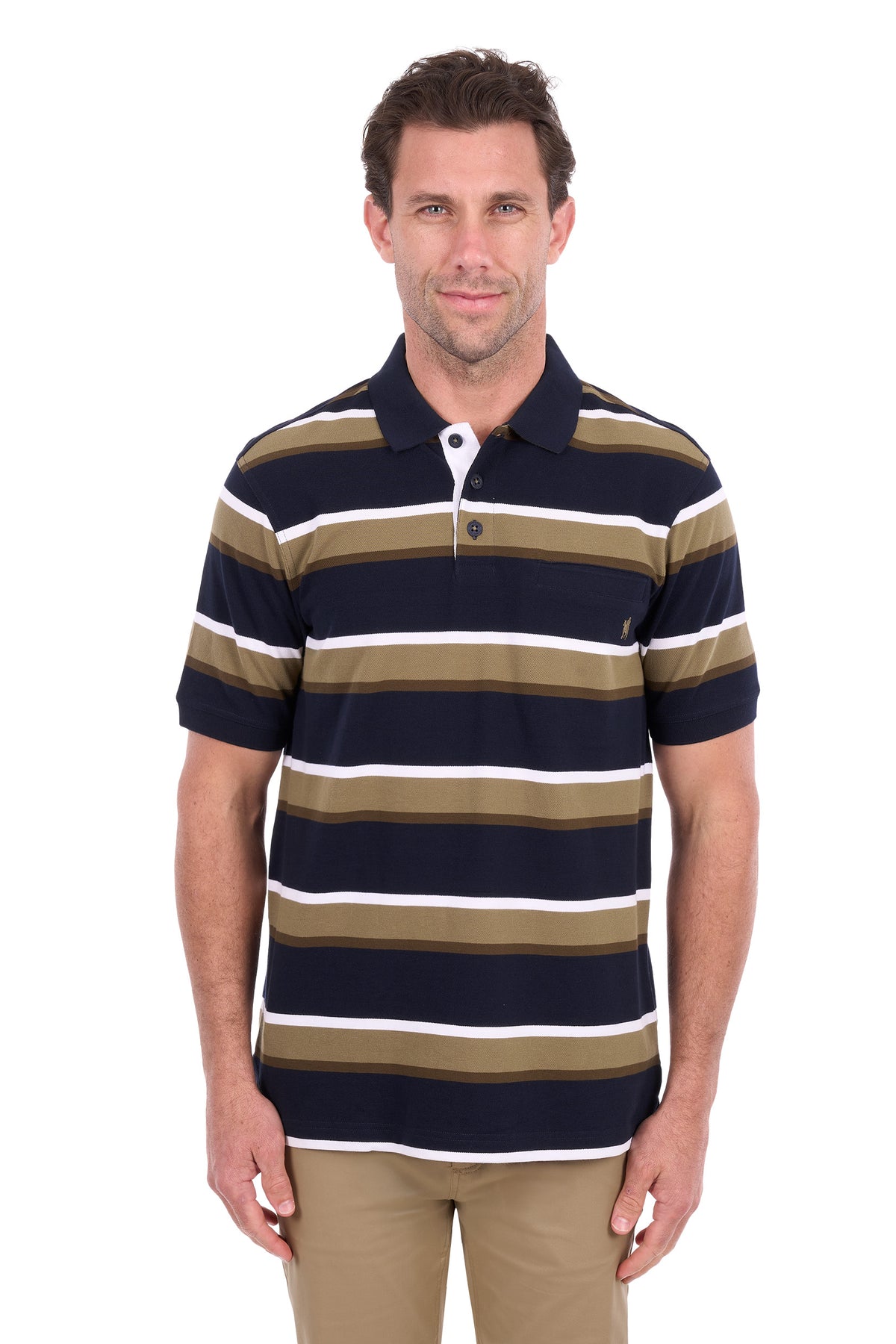 A man wearing a short-sleeve polo shirt with horizontal stripes in navy blue, olive green, and white, paired with khaki pants, photographed against a solid white background.