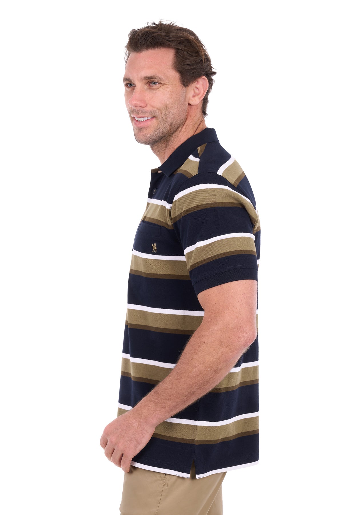 A man wearing a short-sleeve polo shirt with horizontal stripes in navy blue, olive green, and white, paired with khaki pants, photographed against a solid white background.