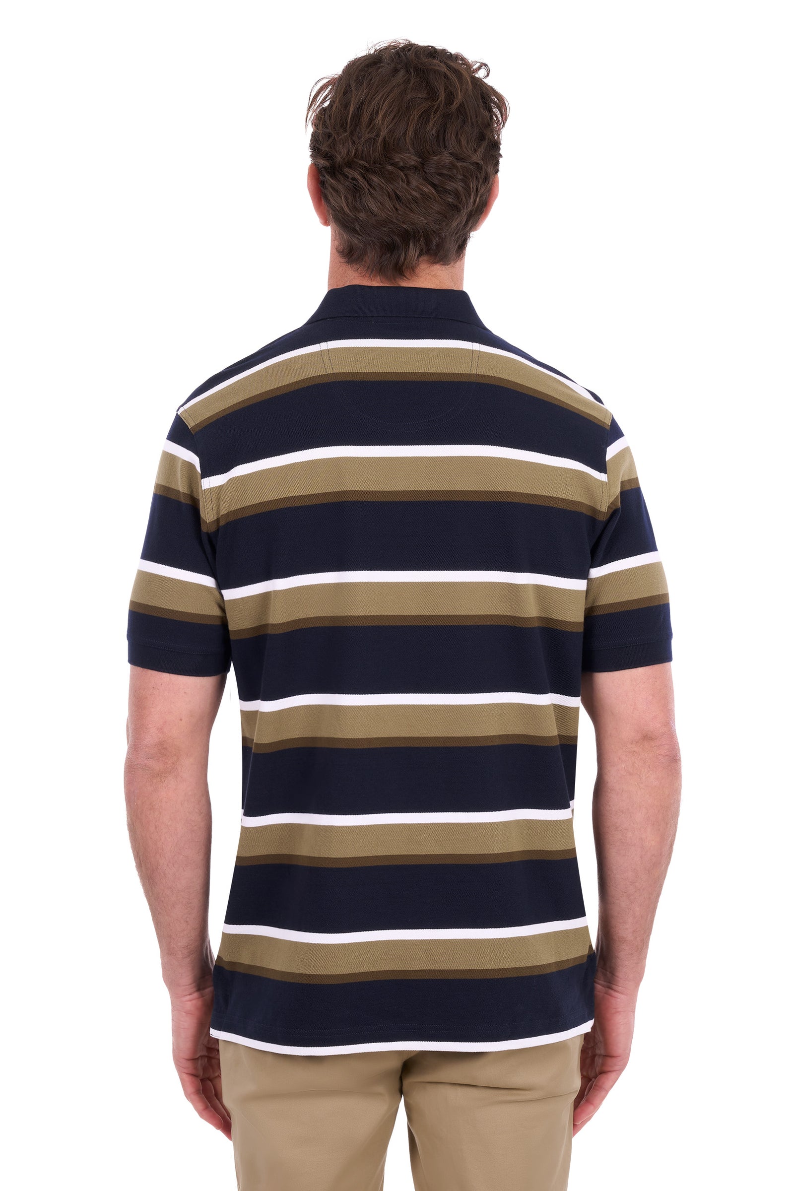 A man viewed from the back wearing a short-sleeve polo shirt with horizontal stripes in navy blue, olive green, and white, paired with khaki pants against a white background.