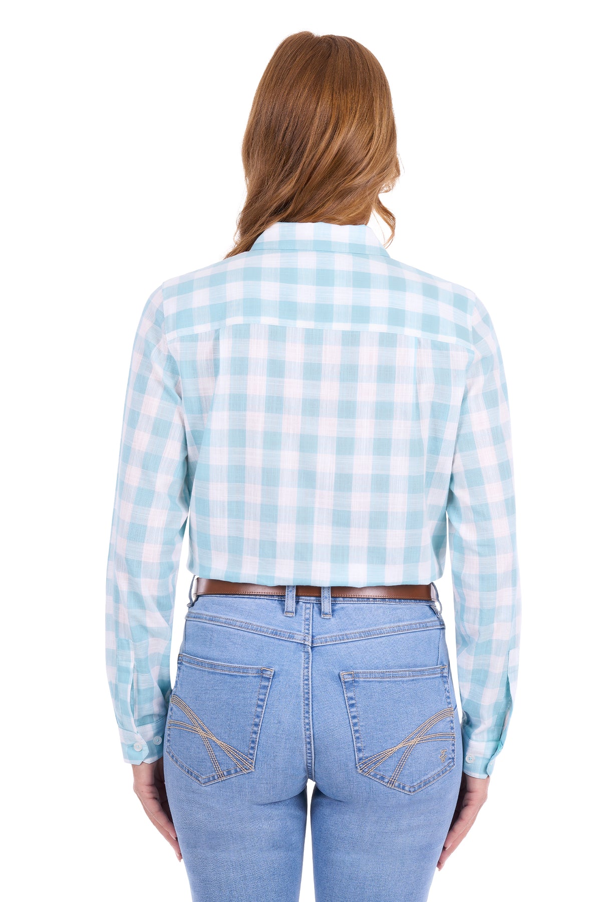 A woman shown from the back wearing a light blue and white gingham cropped button-down shirt with light-wash blue jeans and a brown belt, against a plain white background.