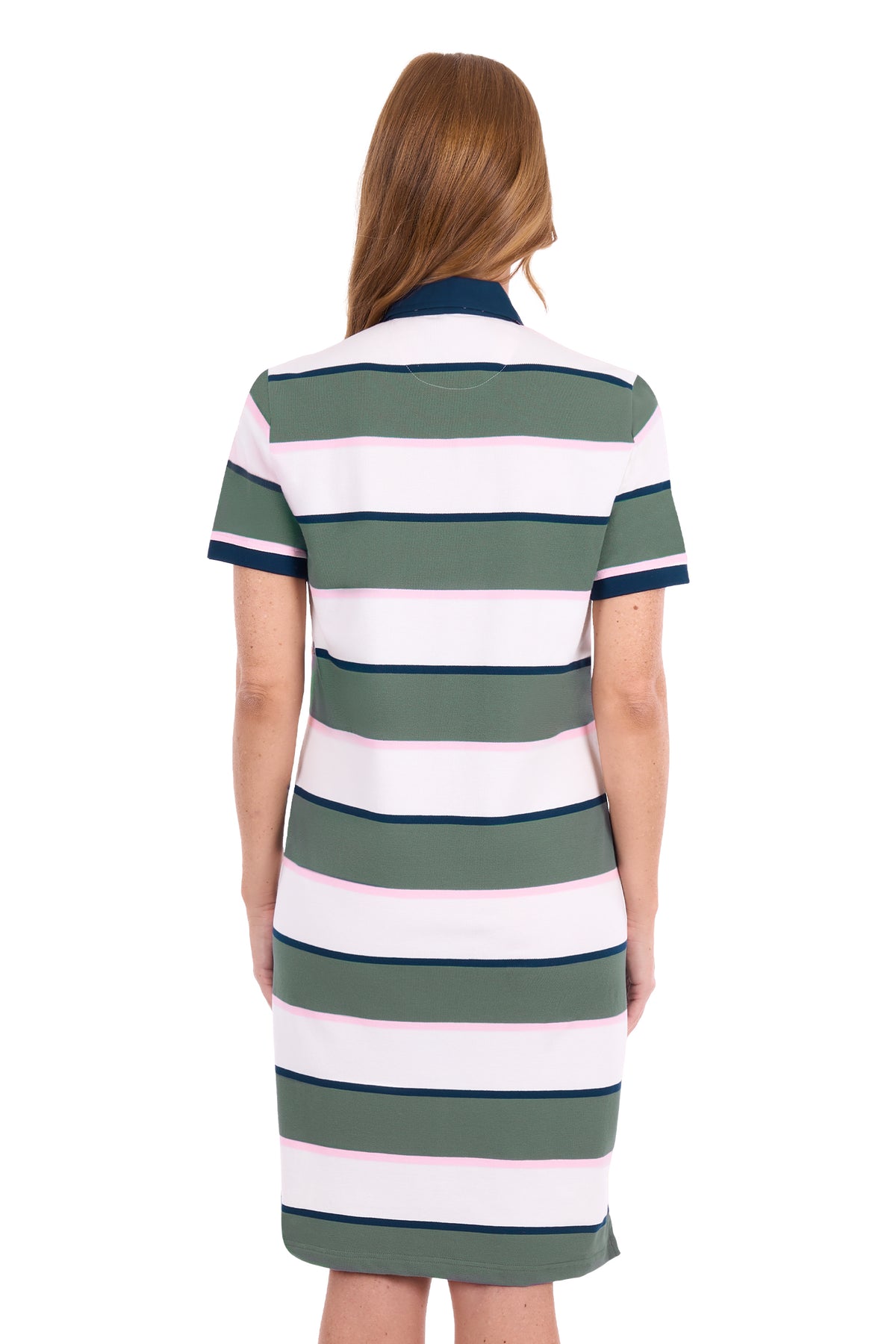 A woman viewed from the back wearing a short-sleeve polo dress with horizontal stripes in sage green, white, and navy blue.