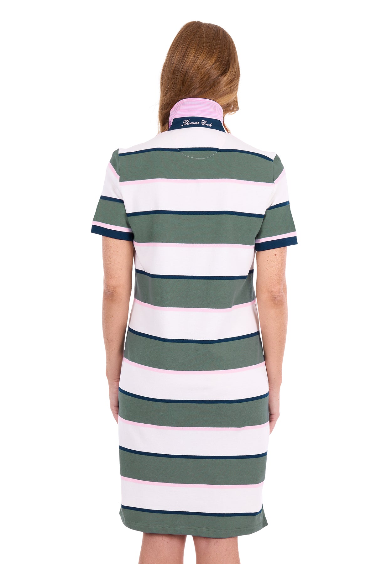 A woman shown from the back wearing a short-sleeve polo dress with horizontal stripes in sage green, white, and light pink, on a plain white background.
