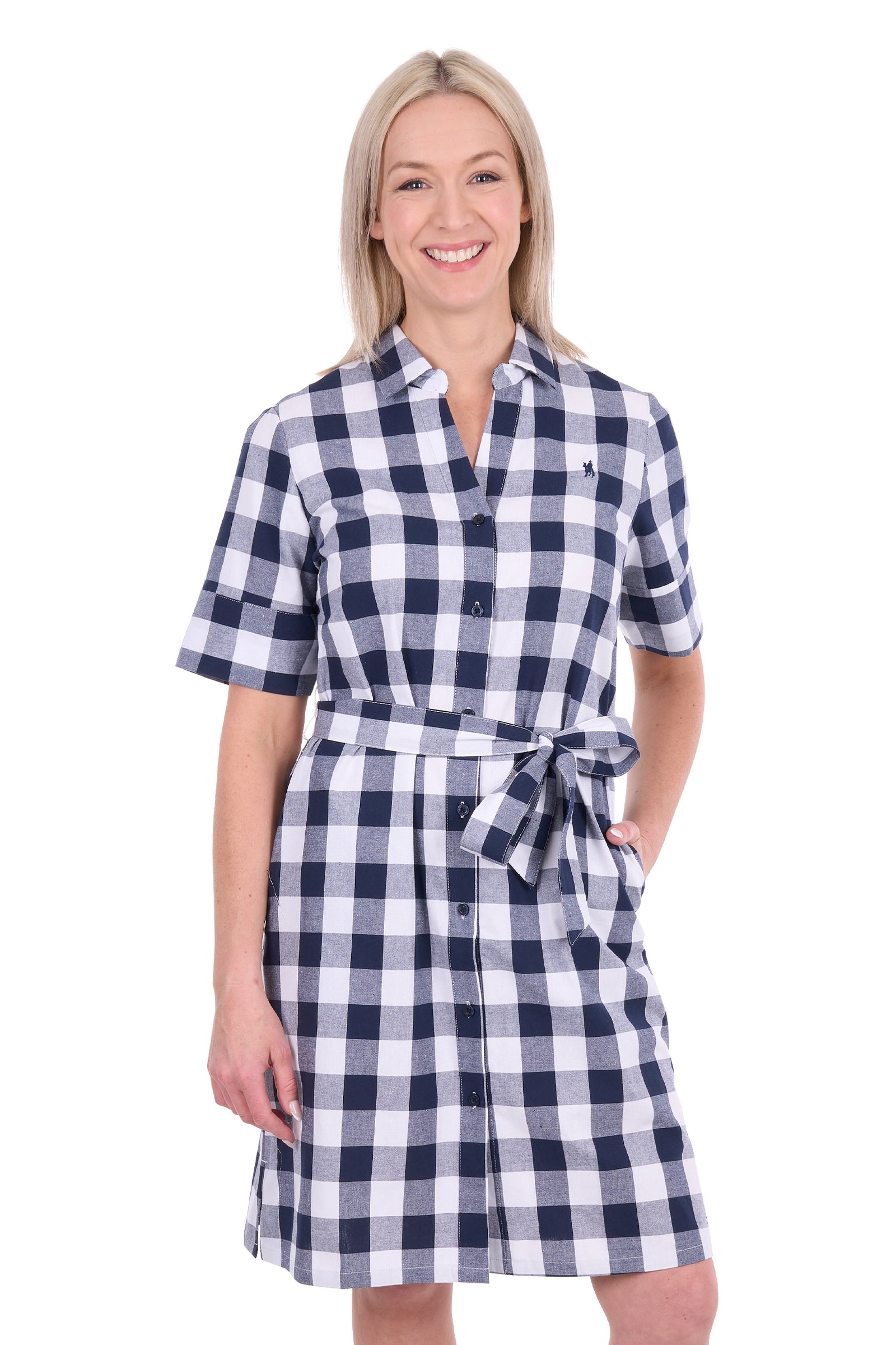 Woman wearing a blue and white checkered dress on a white background
