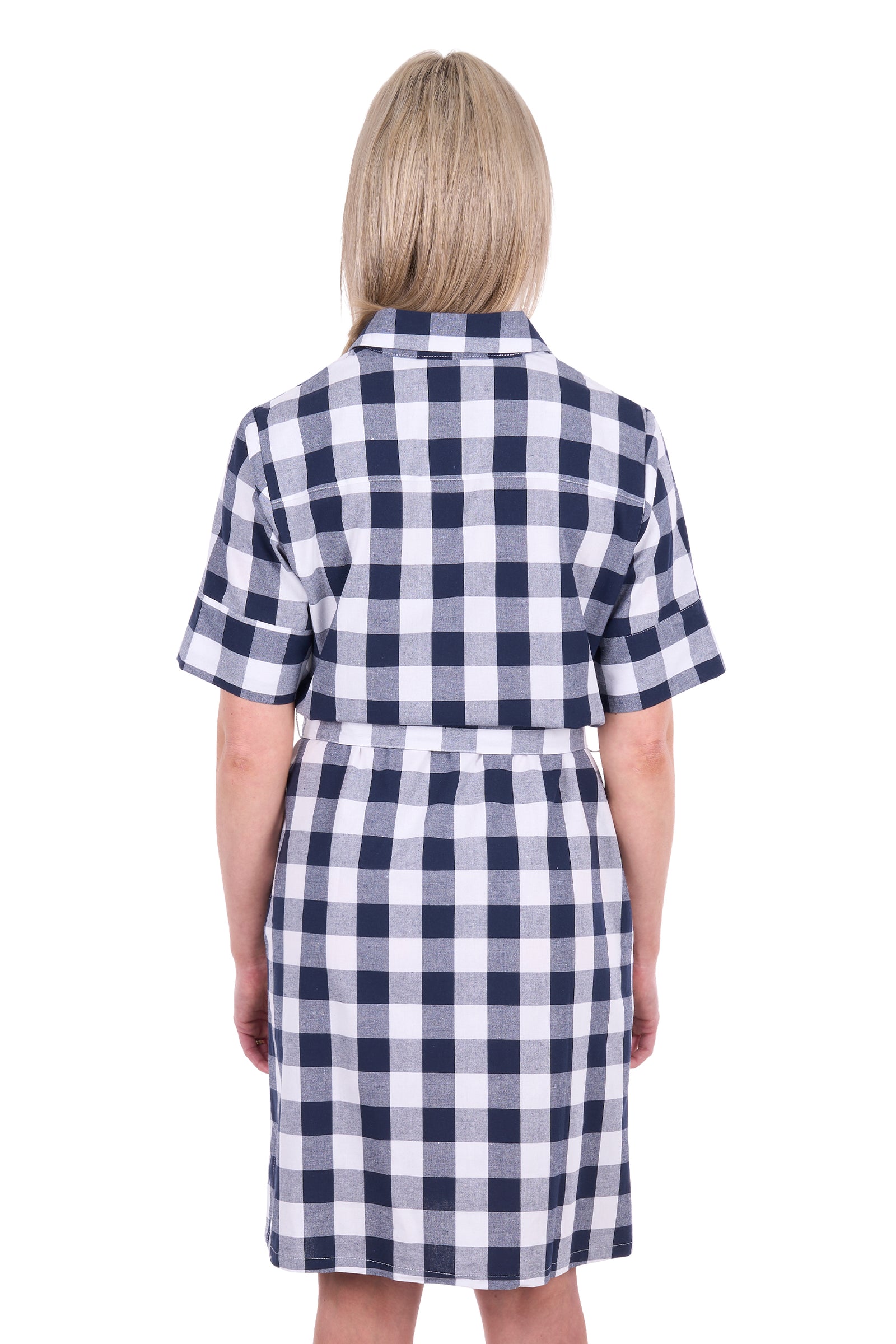 A child model shown from the back wearing a short-sleeve collared shirt dress with a navy blue and white gingham check pattern, set against a plain white background.