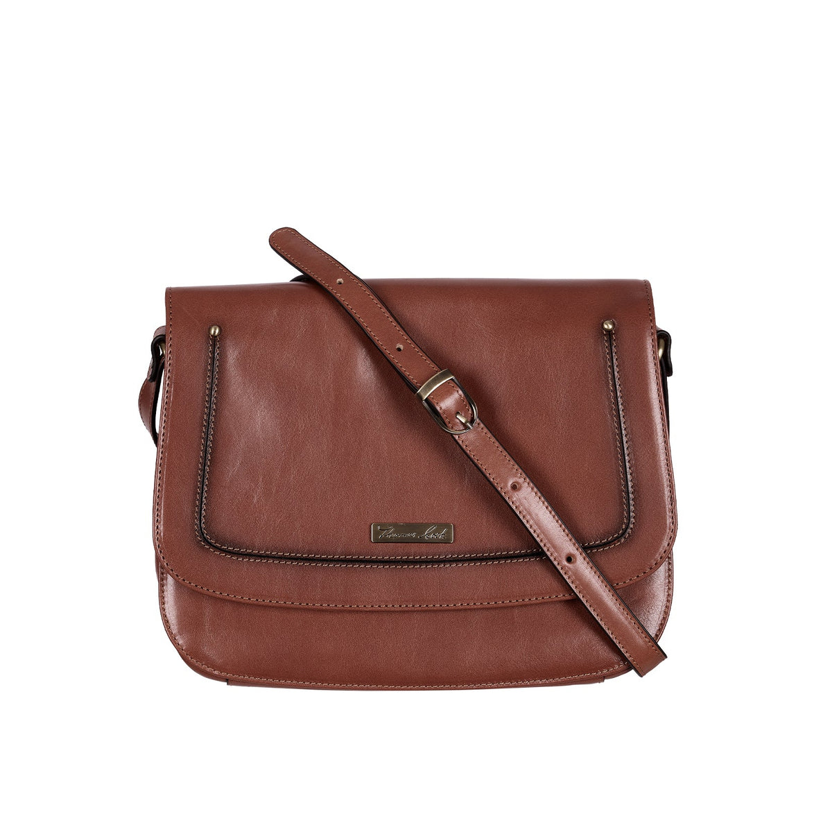 A brown leather messenger bag with a front flap pocket, adjustable shoulder strap, and a small metal brand plaque, shown against a plain white background.