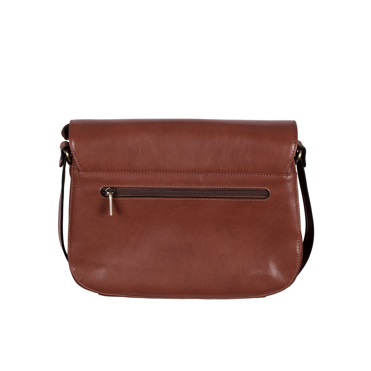 A brown leather shoulder bag with a front zippered pocket and a black strap, shown against a plain white background.