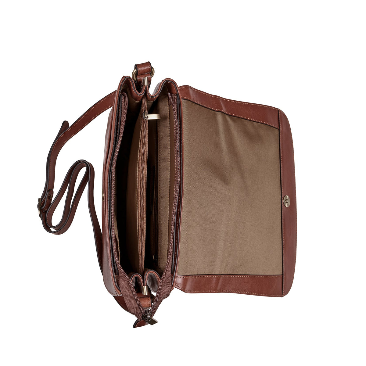 A brown leather and canvas crossbody bag shown open from a top-down view, displaying its interior compartments and lining against a plain white background.