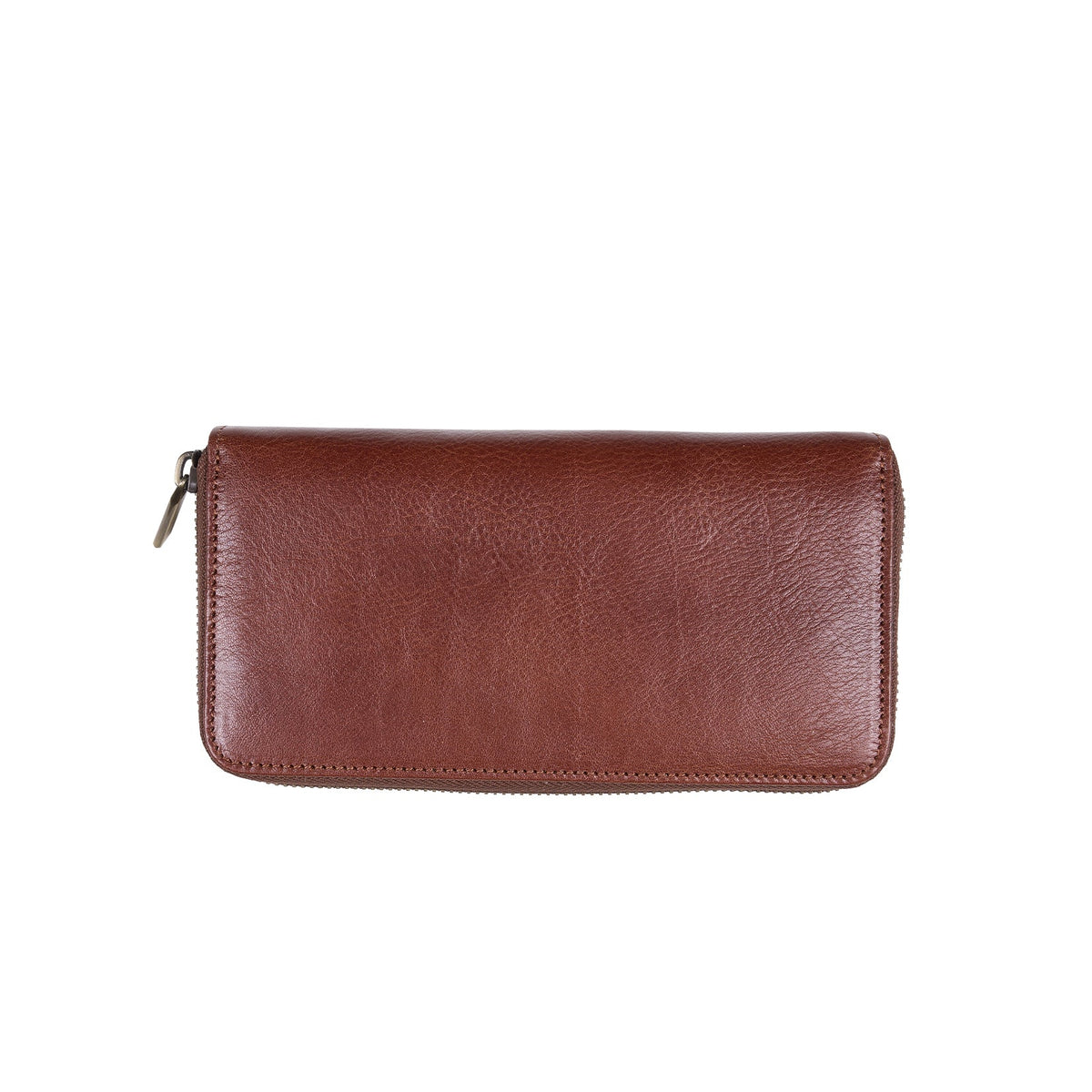 A brown leather zip-around wallet with a pebbled texture, shown flat against a solid white background.