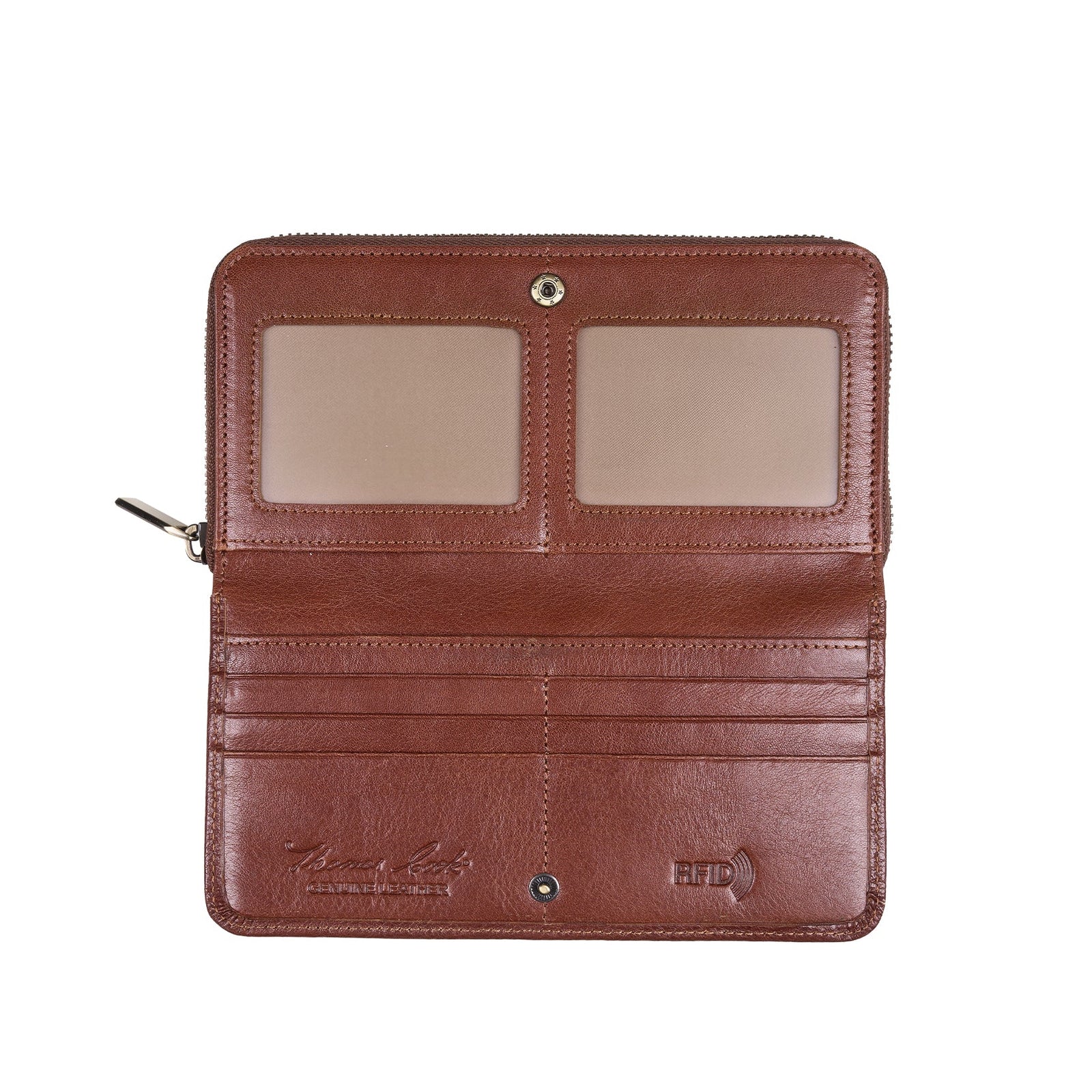 A brown leather zip-around wallet shown open against a plain white background, featuring two clear ID windows, card slots, and an embossed logo on the lower left.