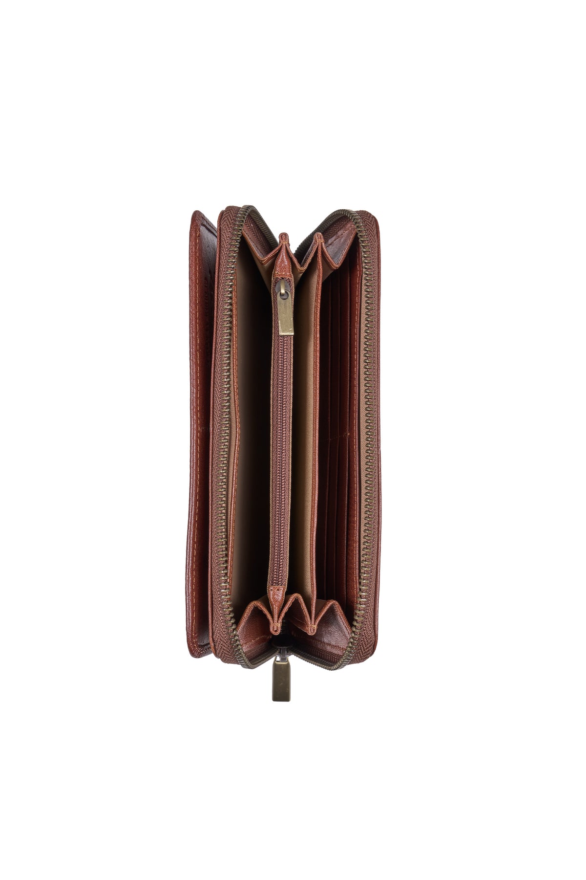 A brown leather zip-around wallet shown open from the front, displaying multiple card slots and interior compartments, isolated on a white background.