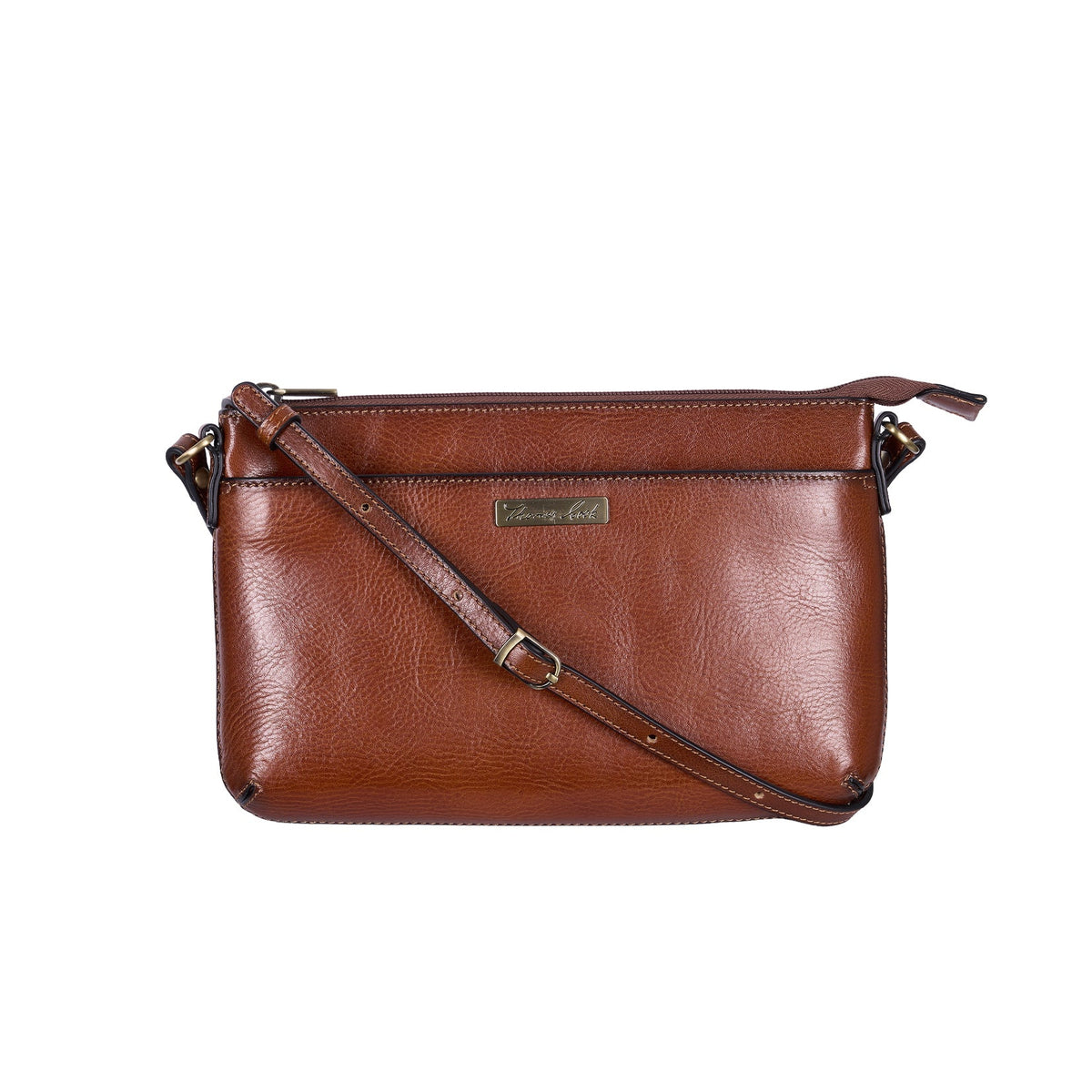 A brown leather crossbody clutch bag with a matching adjustable shoulder strap and a small gold-tone brand plaque on the front, shown against a plain white background.
