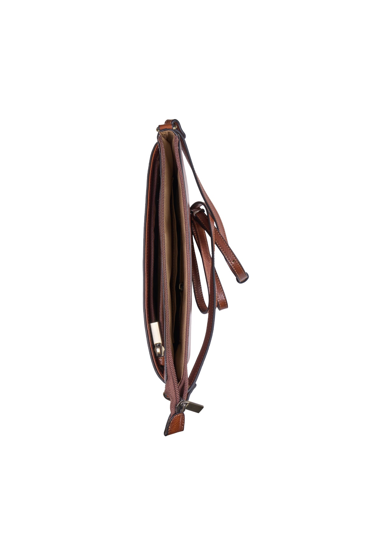 A brown leather strap accessory, possibly a strap for a bag or equestrian tack, shown hanging vertically against a plain white background.