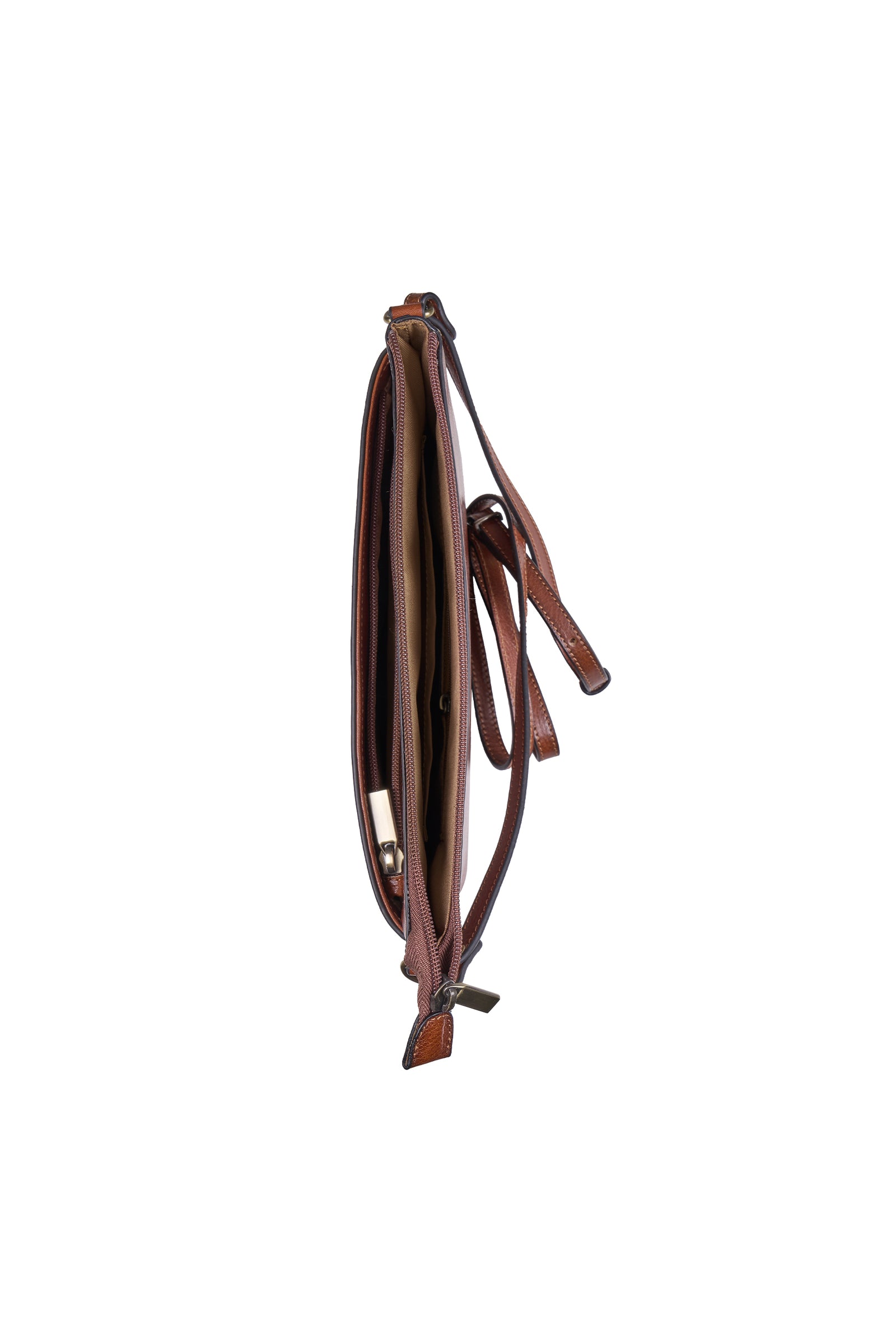 A brown leather strap accessory, possibly a strap for a bag or equestrian tack, shown hanging vertically against a plain white background.