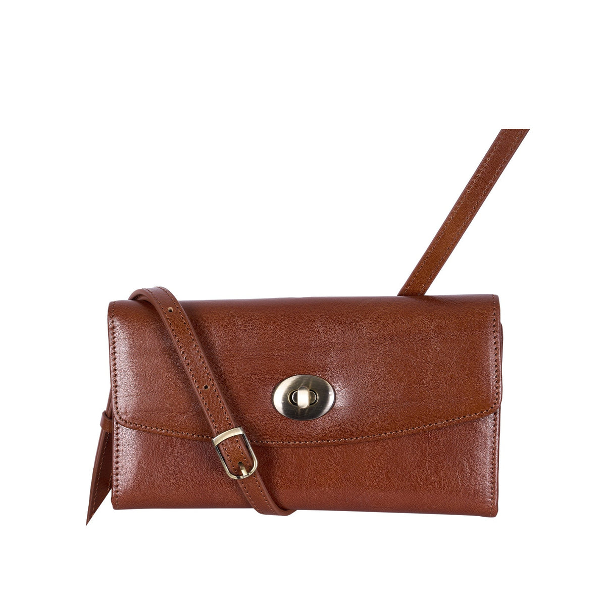A brown faux-leather crossbody clutch bag with a silver-tone snap button closure and a matching adjustable shoulder strap, shown against a plain white background.