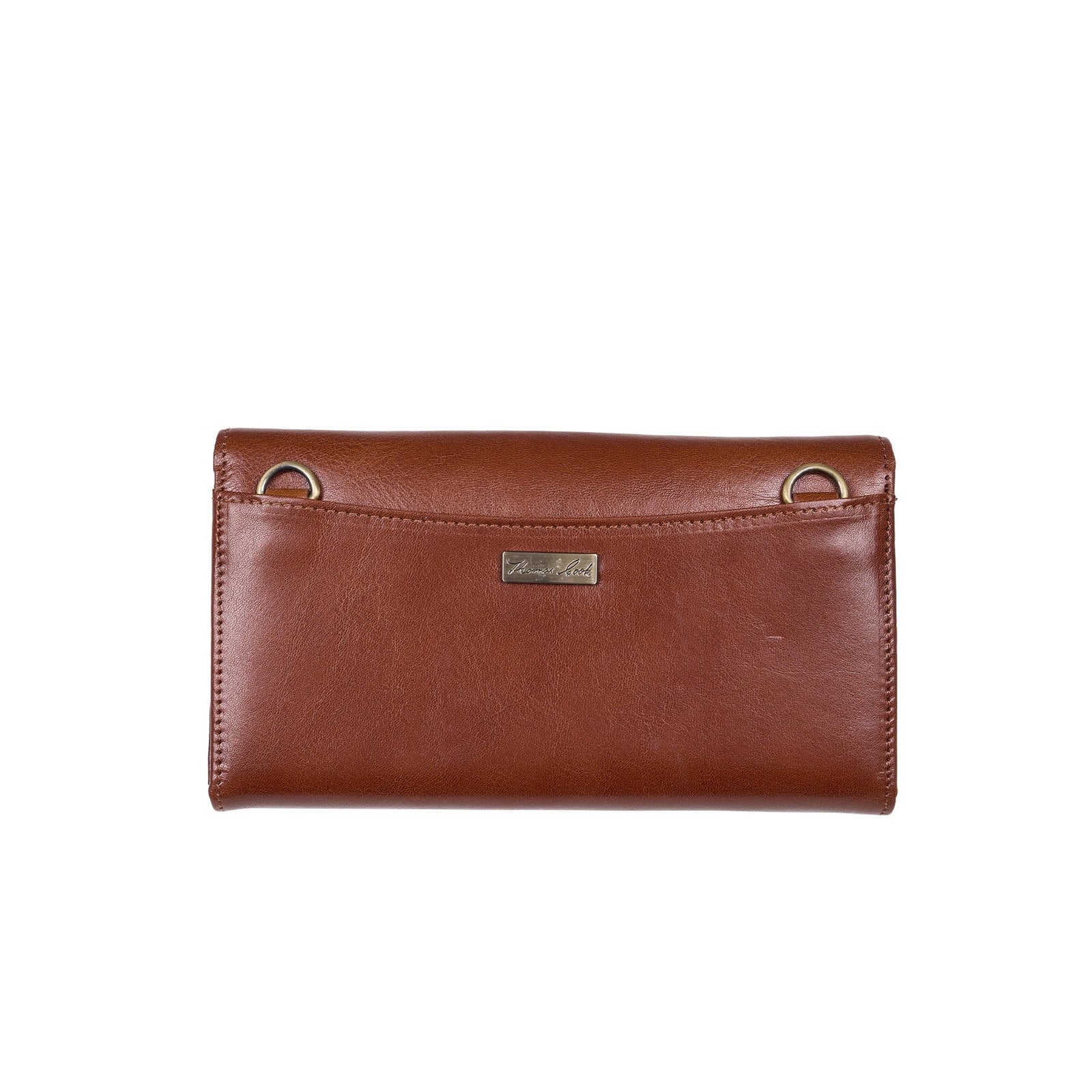 A brown leather clutch wallet with a small silver-tone metal plaque on the front flap and two metal ring details on the sides, shown against a plain white background.