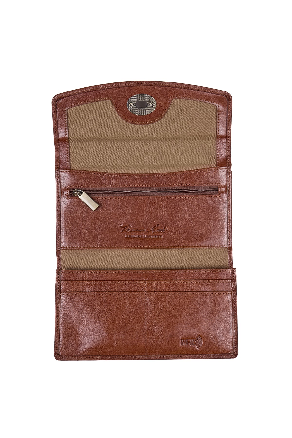 A brown leather wallet shown open against a white background, featuring multiple card slots, a zippered pocket, and a tan fabric insert.