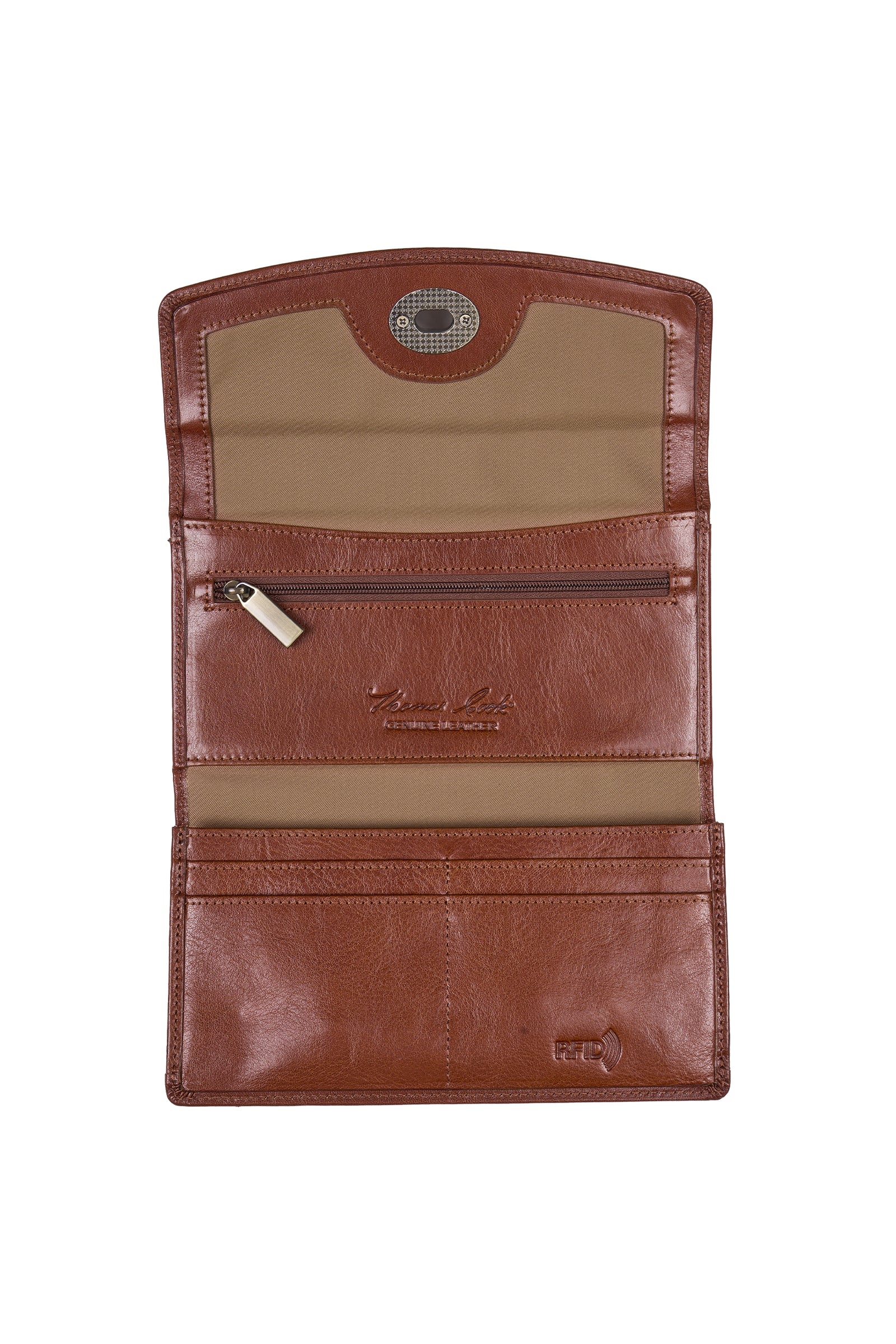 A brown leather wallet shown open against a white background, featuring multiple card slots, a zippered pocket, and a tan fabric insert.