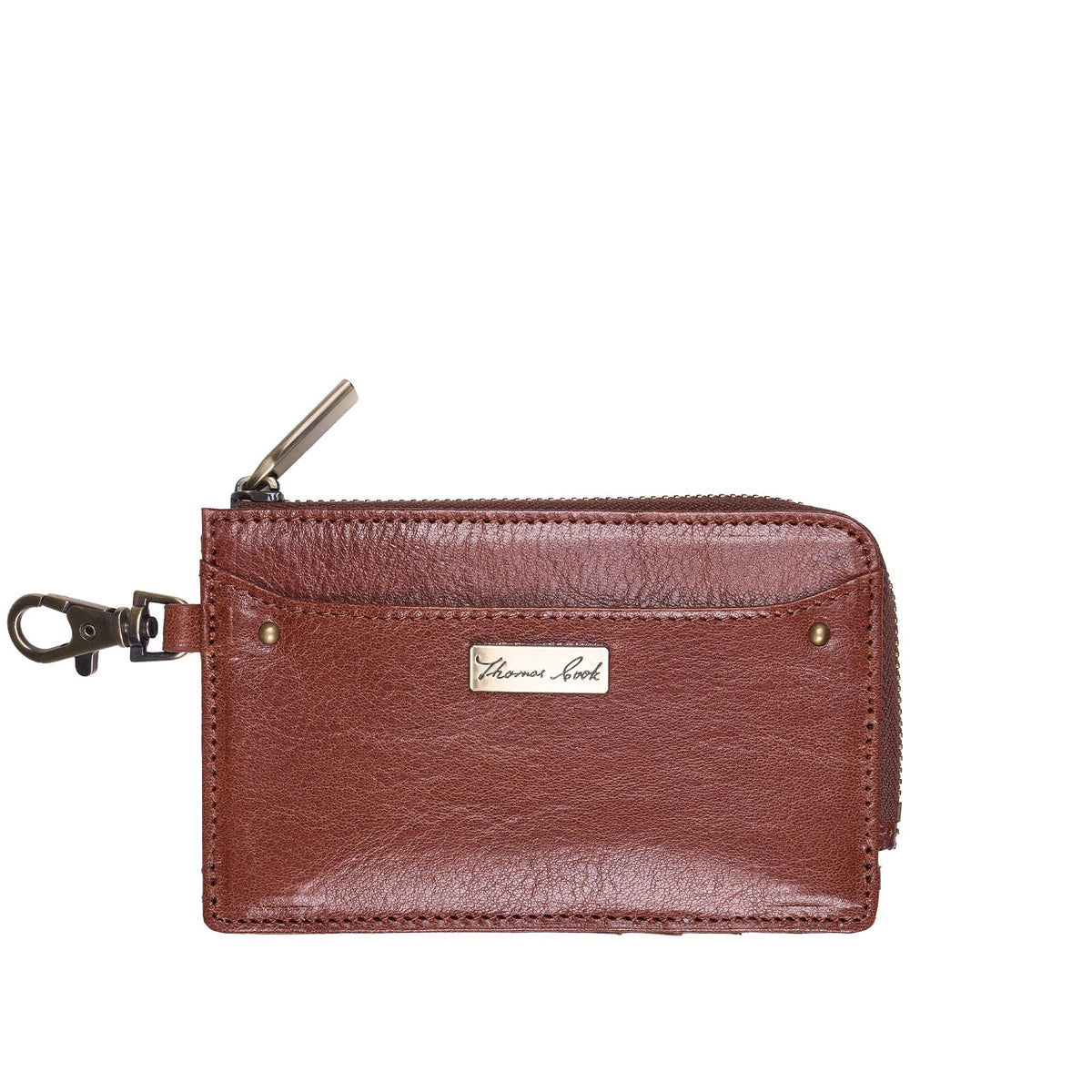 A brown leather zippered card holder wallet with a silver-tone metal clasp and a small silver brand plaque reading 'Maurice Art' on a white background.