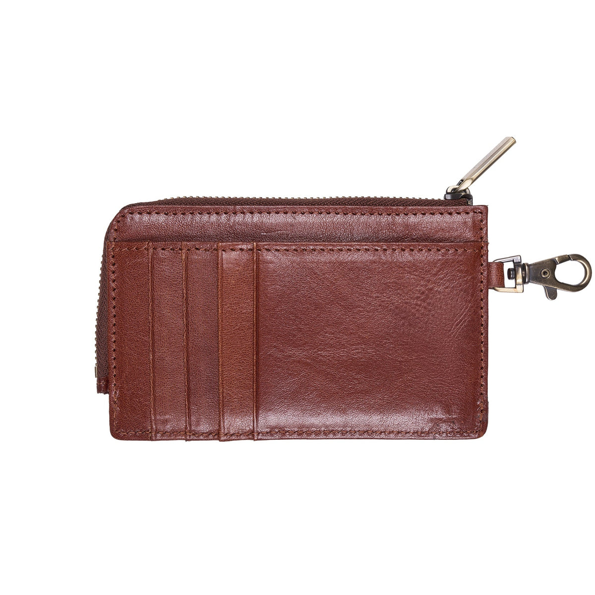A brown leather zip-around card holder wallet with card slots on the left and a silver-tone metal clip on the right, shown against a plain white background.