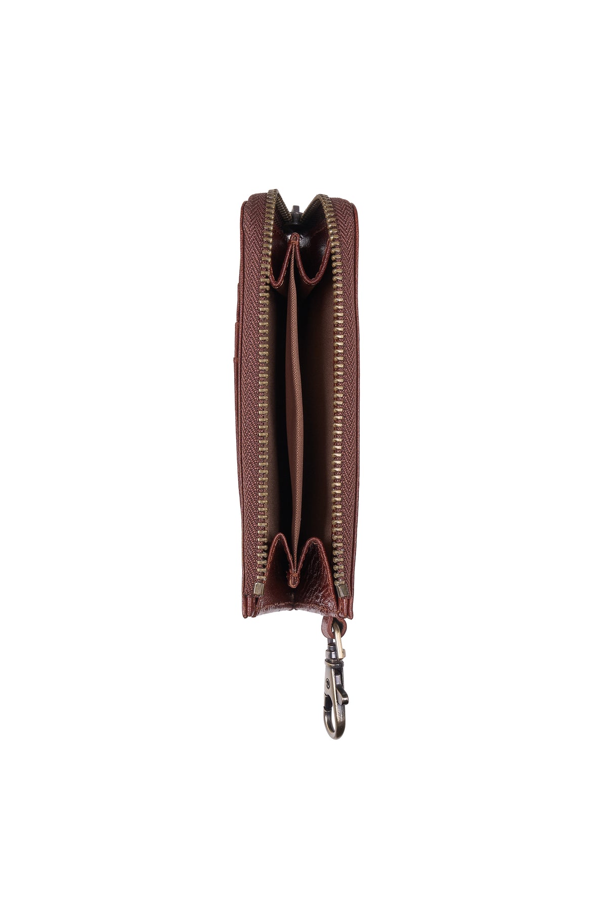 A dark brown leather zip-around wallet shown from the front, open to reveal multiple interior card slots and compartments, with a silver-tone zipper and a small metal keychain ring attached at the bottom, set against a plain white background.