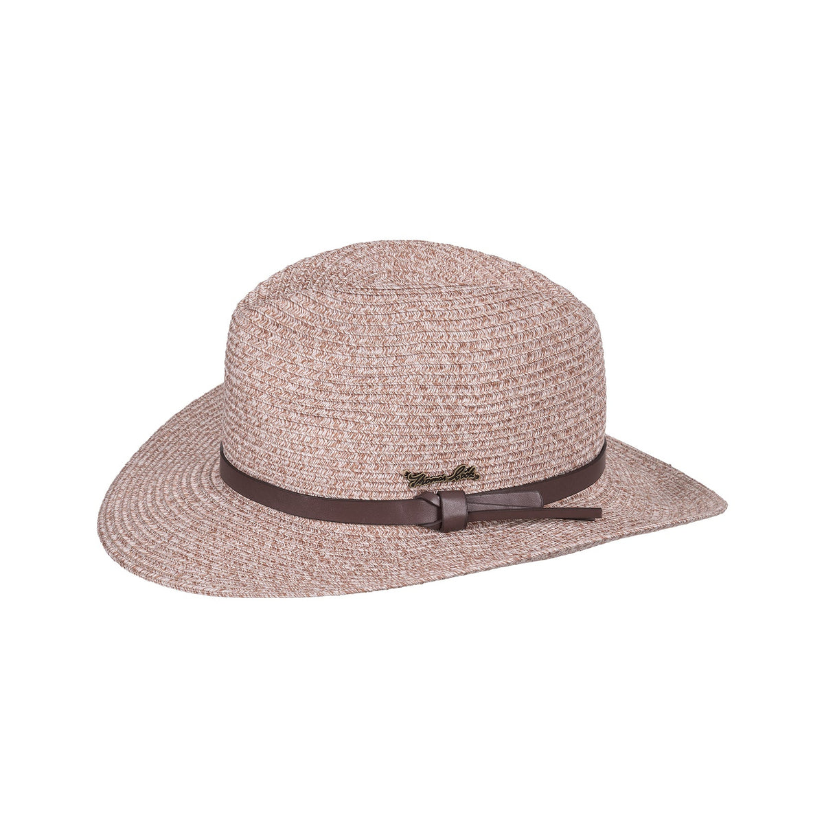 A structured straw hat in a dusty rose-beige color, featuring a dark brown band with a small bow detail, set against a plain white background.