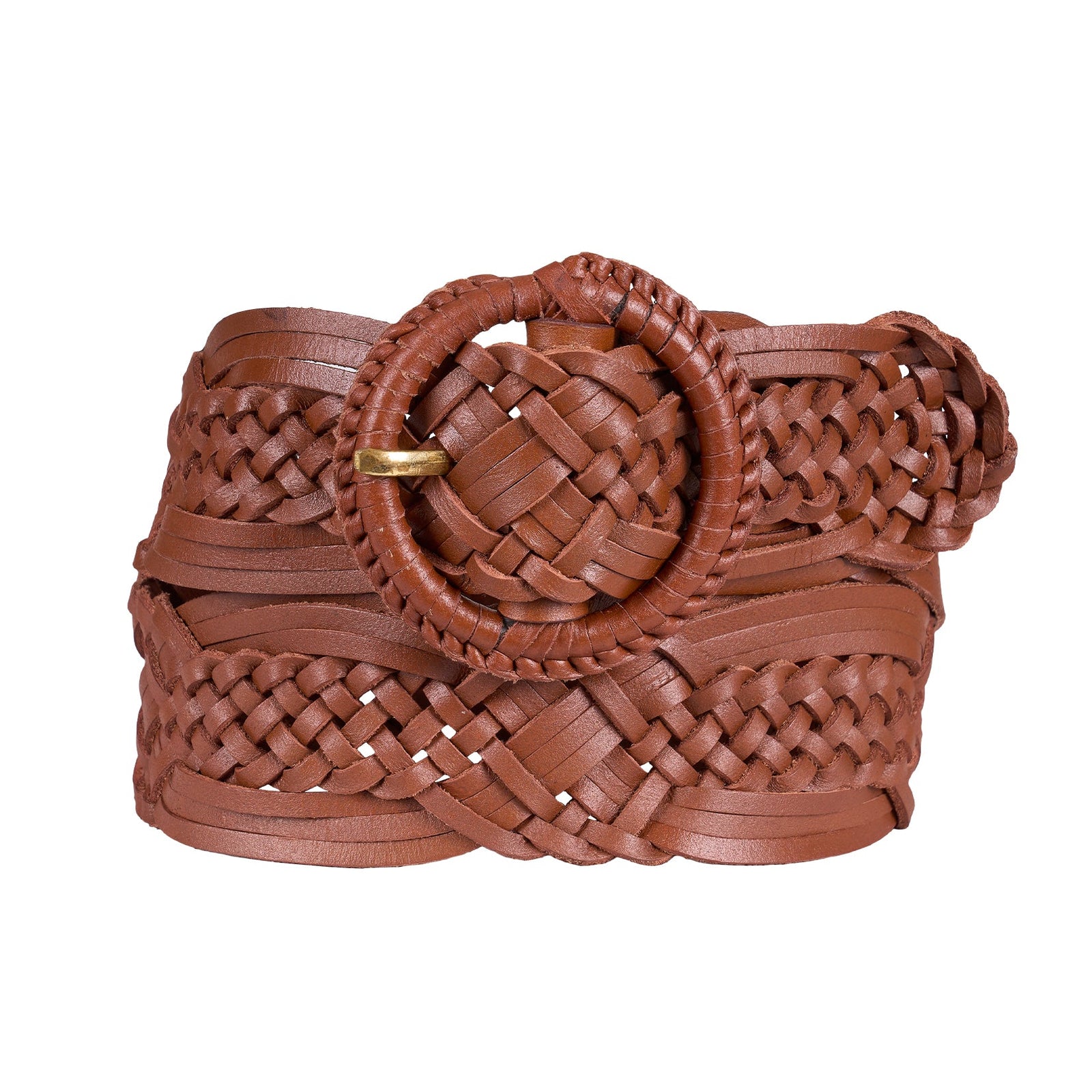 A brown woven leather belt with a large round woven buckle and a small gold-tone accent, shown on a plain white background.