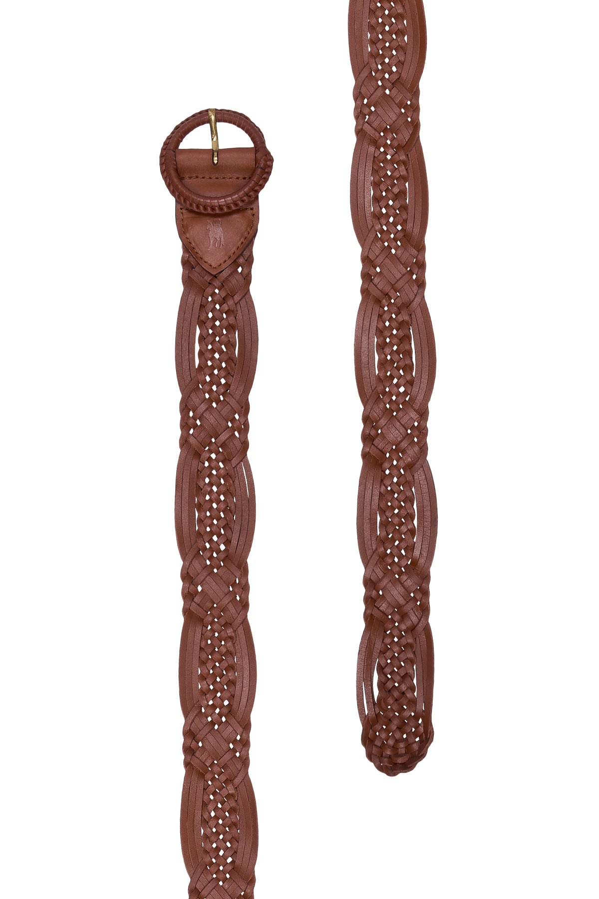 A brown leather belt with an intricate braided and woven pattern, featuring a matching leather buckle, shown against a plain white background.