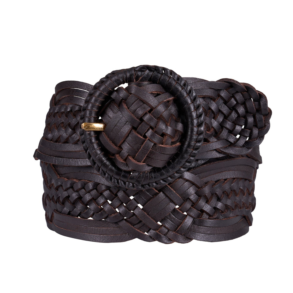 A dark brown woven leather belt with a large round woven buckle and a small gold-tone accent, shown on a plain white background.