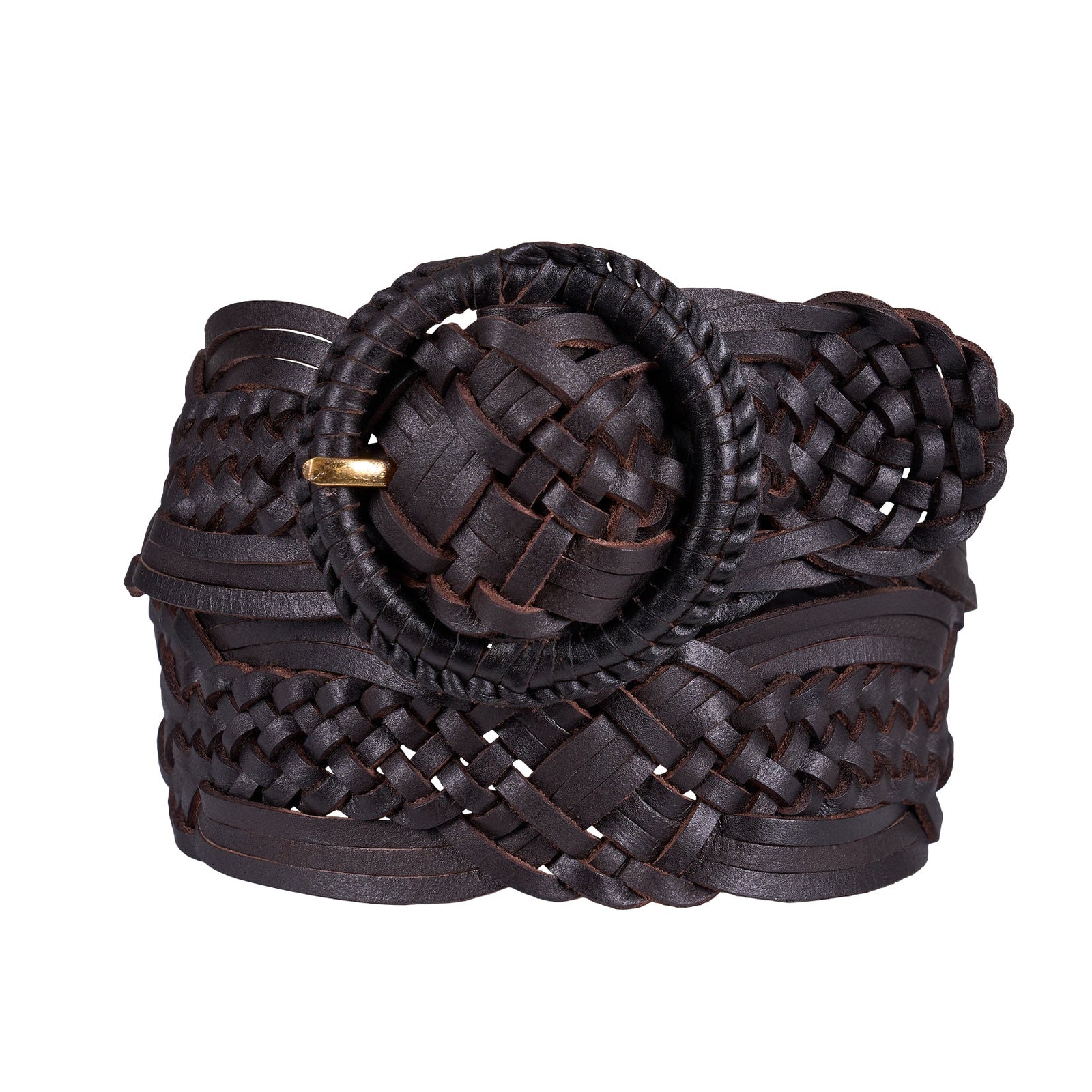 A dark brown woven leather belt with a large round woven buckle and a small gold-tone accent, shown on a plain white background.