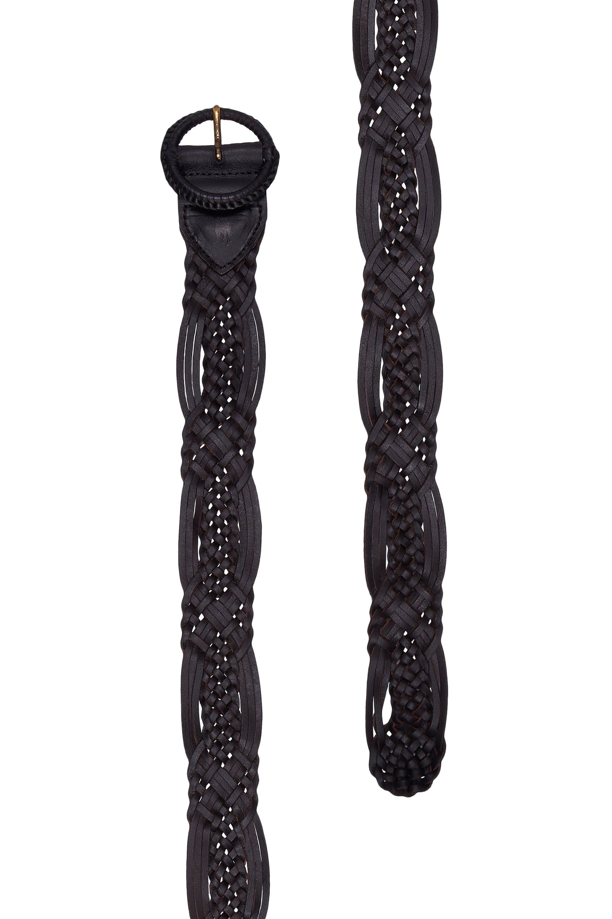 A black braided leather belt with a decorative buckle, shown in two vertical views against a plain white background.