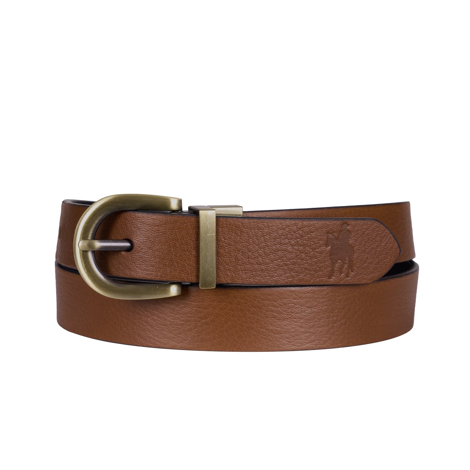 A brown textured leather belt with a brass buckle, shown coiled on a plain white background. The embossed logo on the leather tab represents Polo Ralph Lauren.