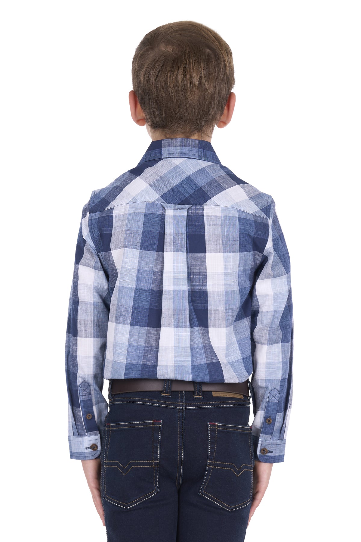 A child viewed from the back wearing a blue and white plaid long-sleeve button-up shirt with dark jeans and a brown belt, against a plain white background.