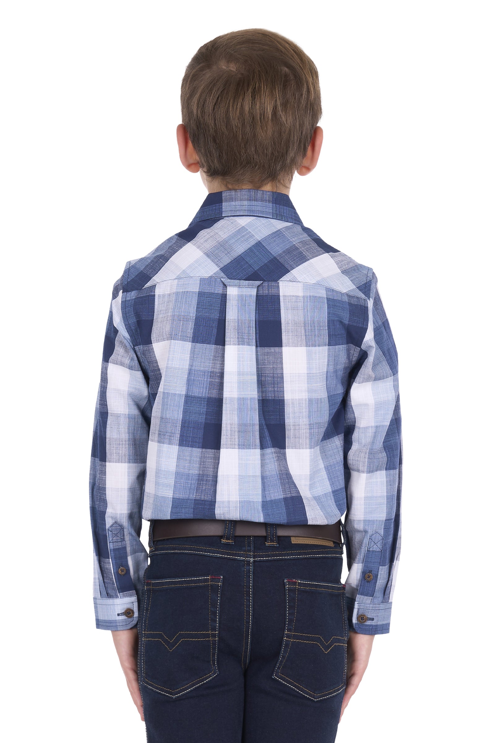 A child viewed from the back wearing a blue and white plaid long-sleeve button-up shirt with dark jeans and a brown belt, against a plain white background.