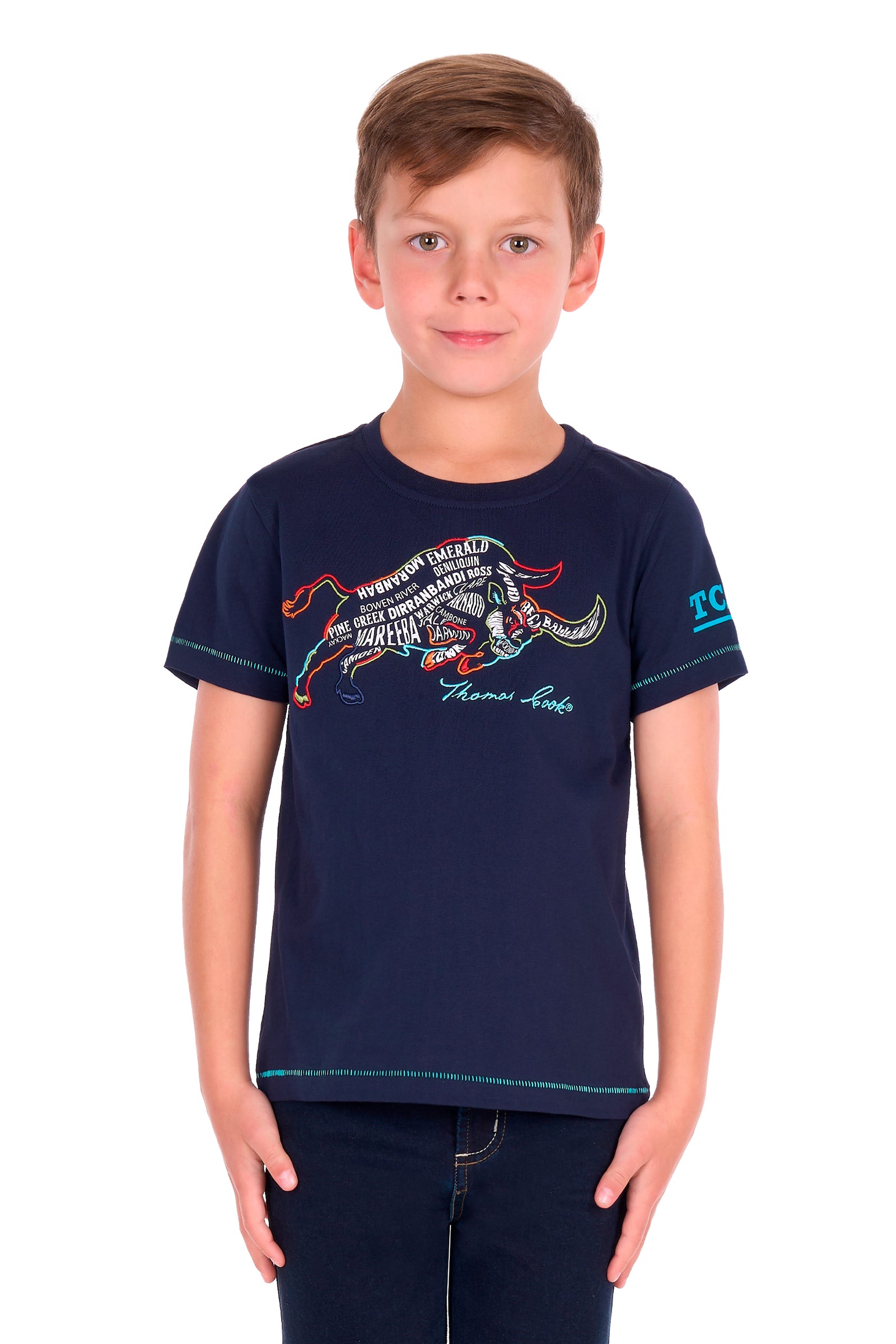 A young boy modeling a navy blue short-sleeve t-shirt with a graphic of a bull and the text 'BULLING ALL OVER' and 'BULLING Aids', paired with dark jeans against a plain white background.