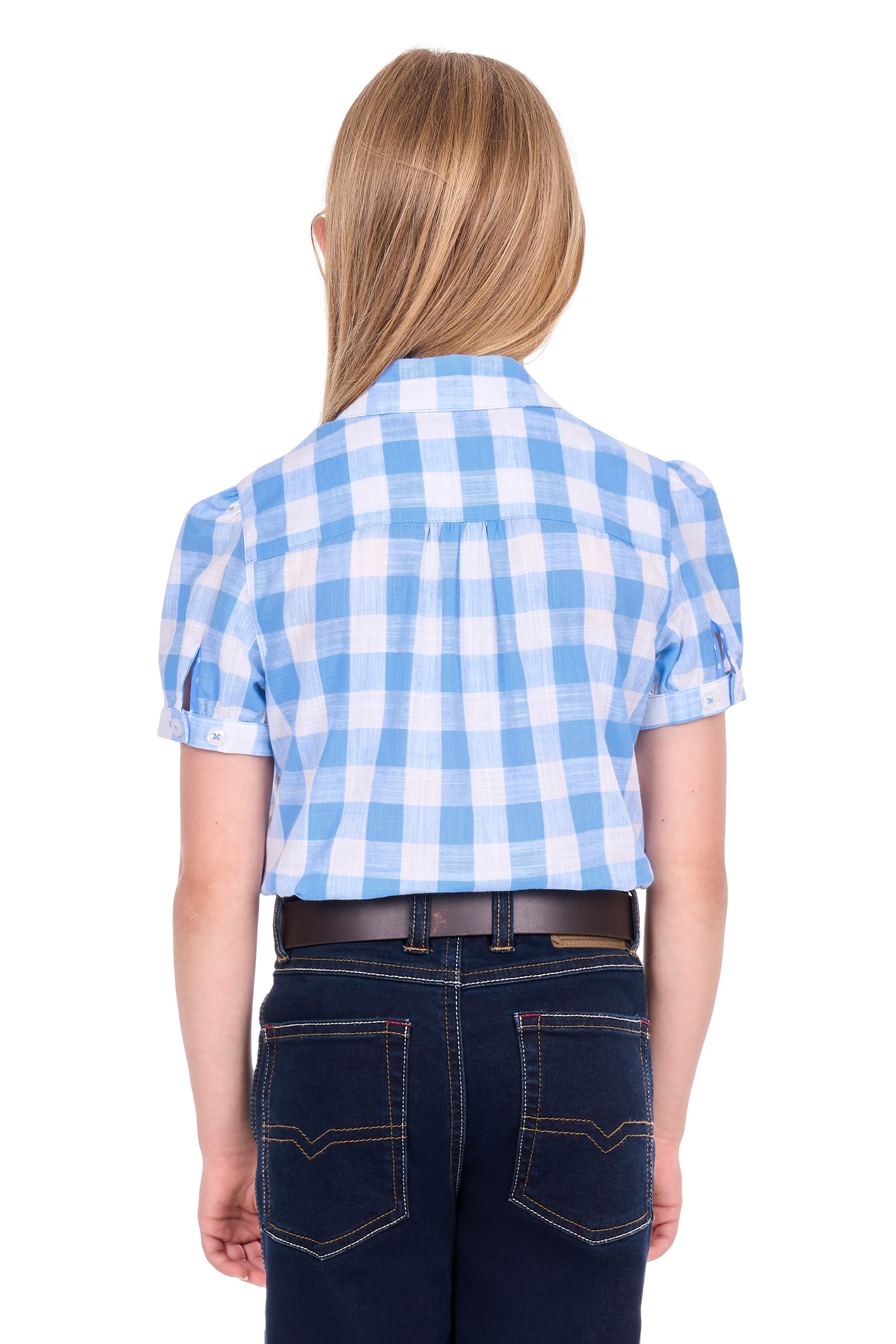 A child model shown from the back wearing a light blue and white gingham short-sleeve button-up shirt, paired with dark blue jeans and a brown belt, against a plain white background.