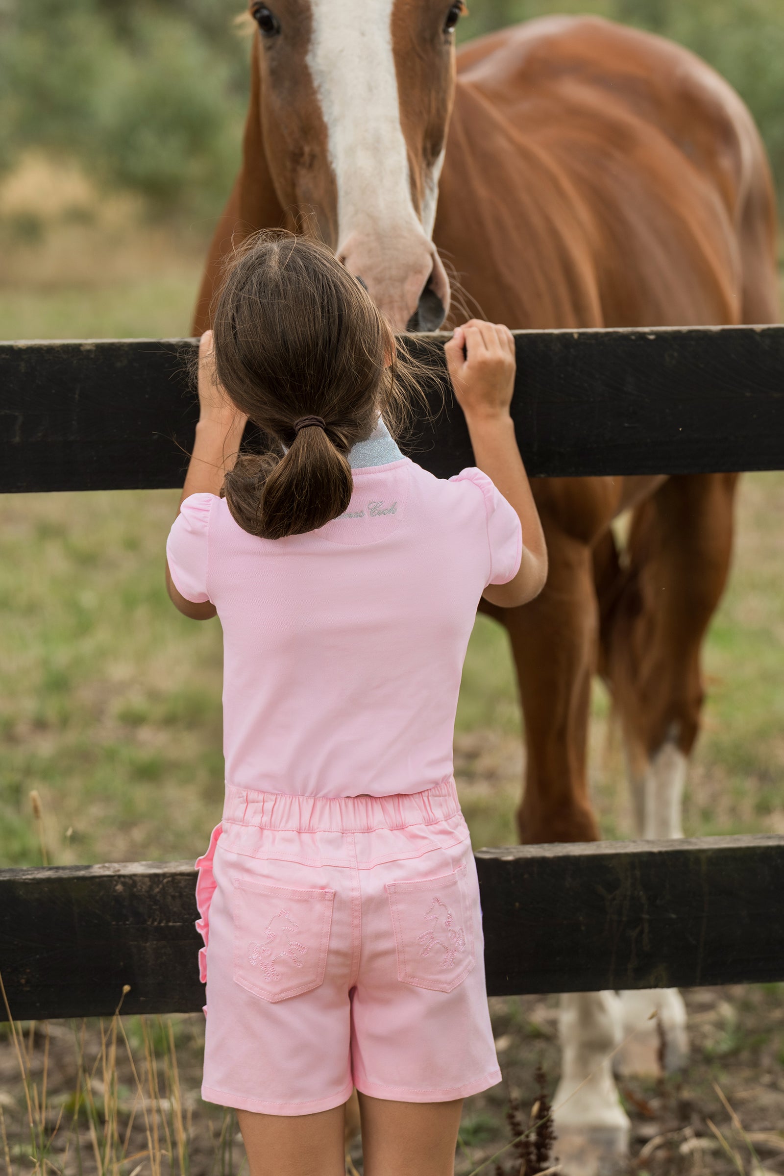 A young girl in a pink shirt and matching shorts stands behind a black wooden fence, reaching up to pet a brown horse with a white blaze in an outdoor field.