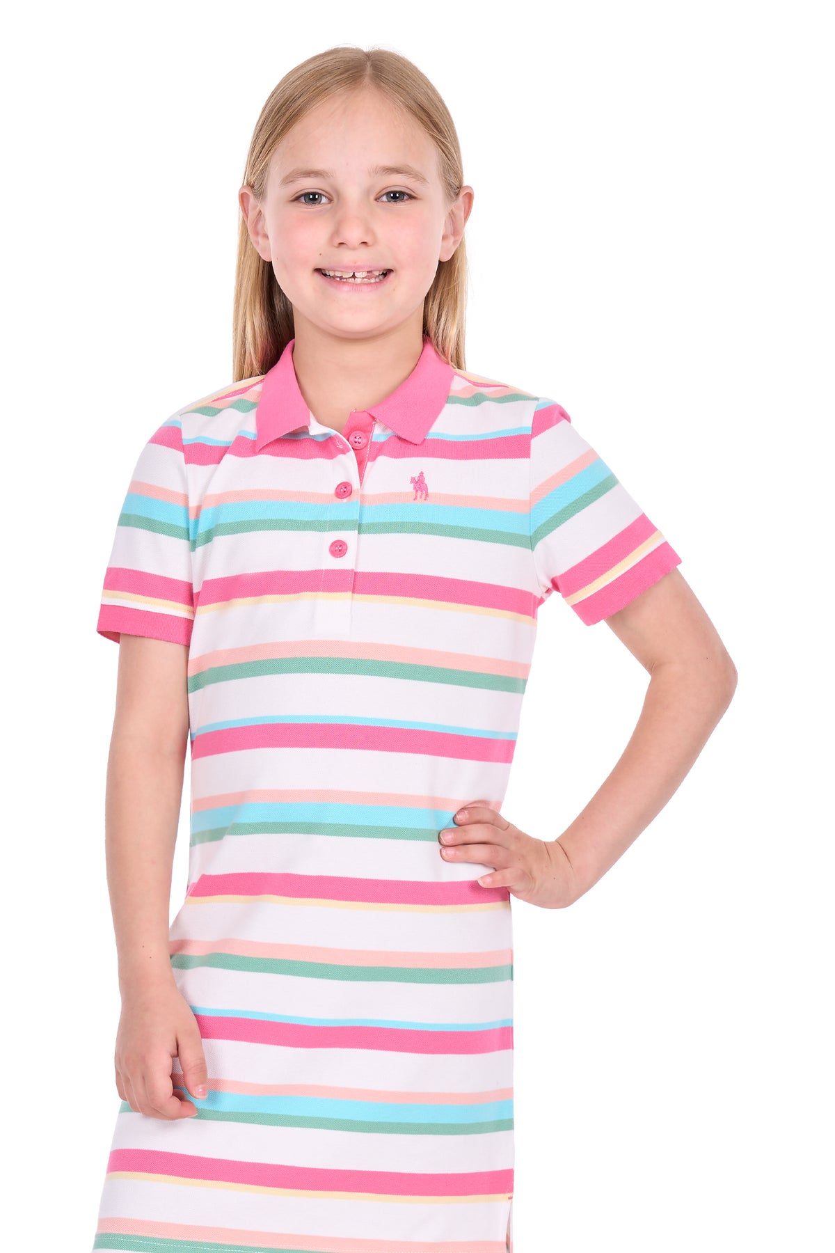 A young girl with blonde hair wearing a short-sleeve polo shirt dress with horizontal pink, teal, peach, and white stripes, standing against a solid white background.