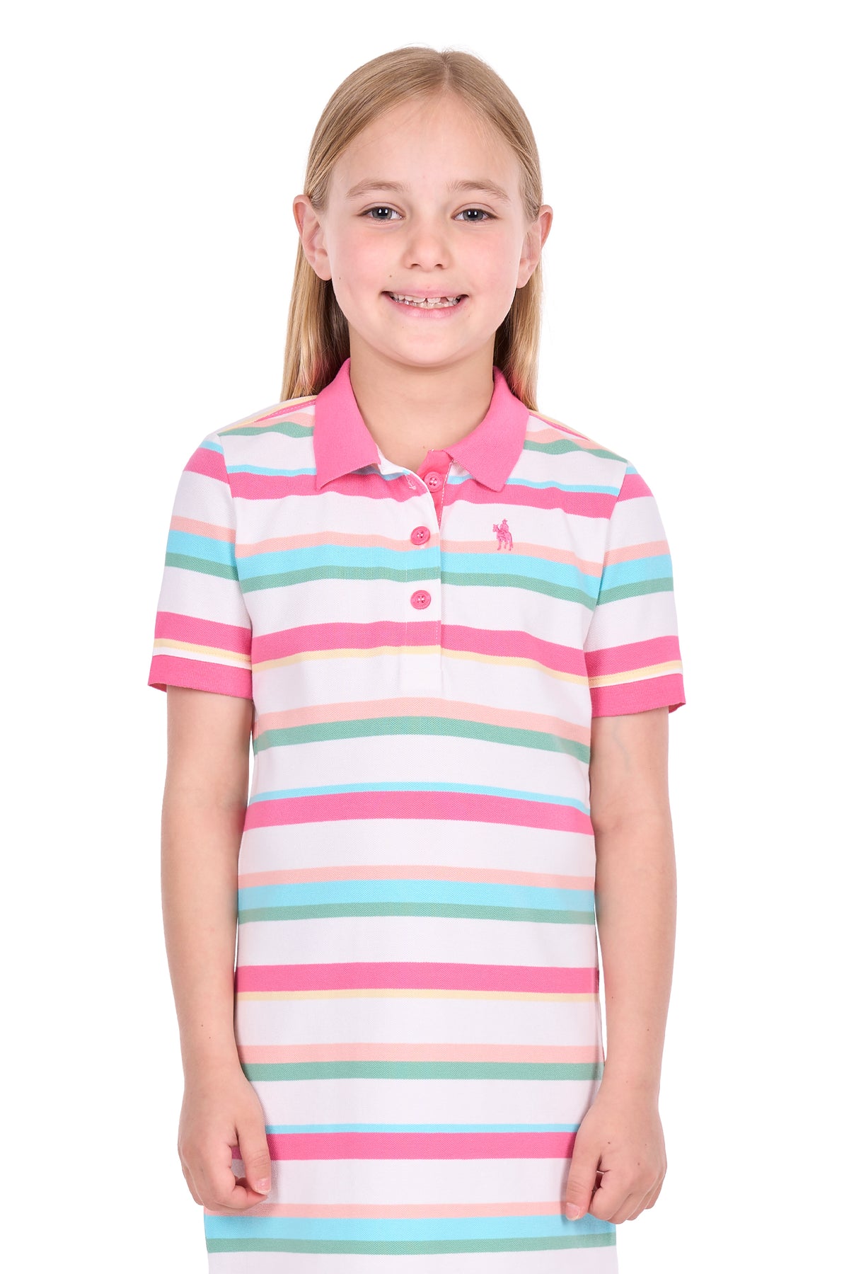 A young girl with blonde hair wearing a short-sleeve polo shirt with horizontal stripes in pink, light blue, mint green, and white. She is standing against a solid white background.