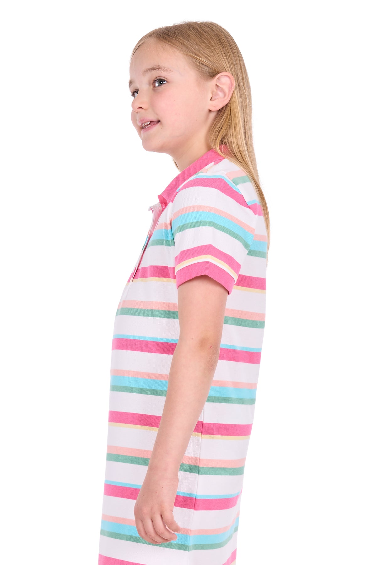 A young girl with blonde hair is shown in profile wearing a short-sleeve polo shirt with horizontal pastel stripes of pink, light blue, mint green, and white, set against a plain white background.