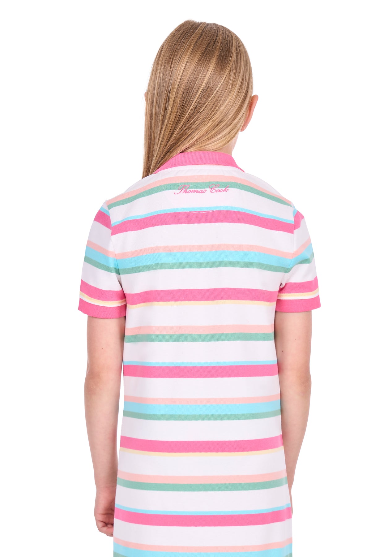 A girl viewed from behind wearing a short-sleeve polo shirt with horizontal pastel stripes in pink, mint green, light blue, and white. The shirt has a pink collar and a small script logo on the upper back.