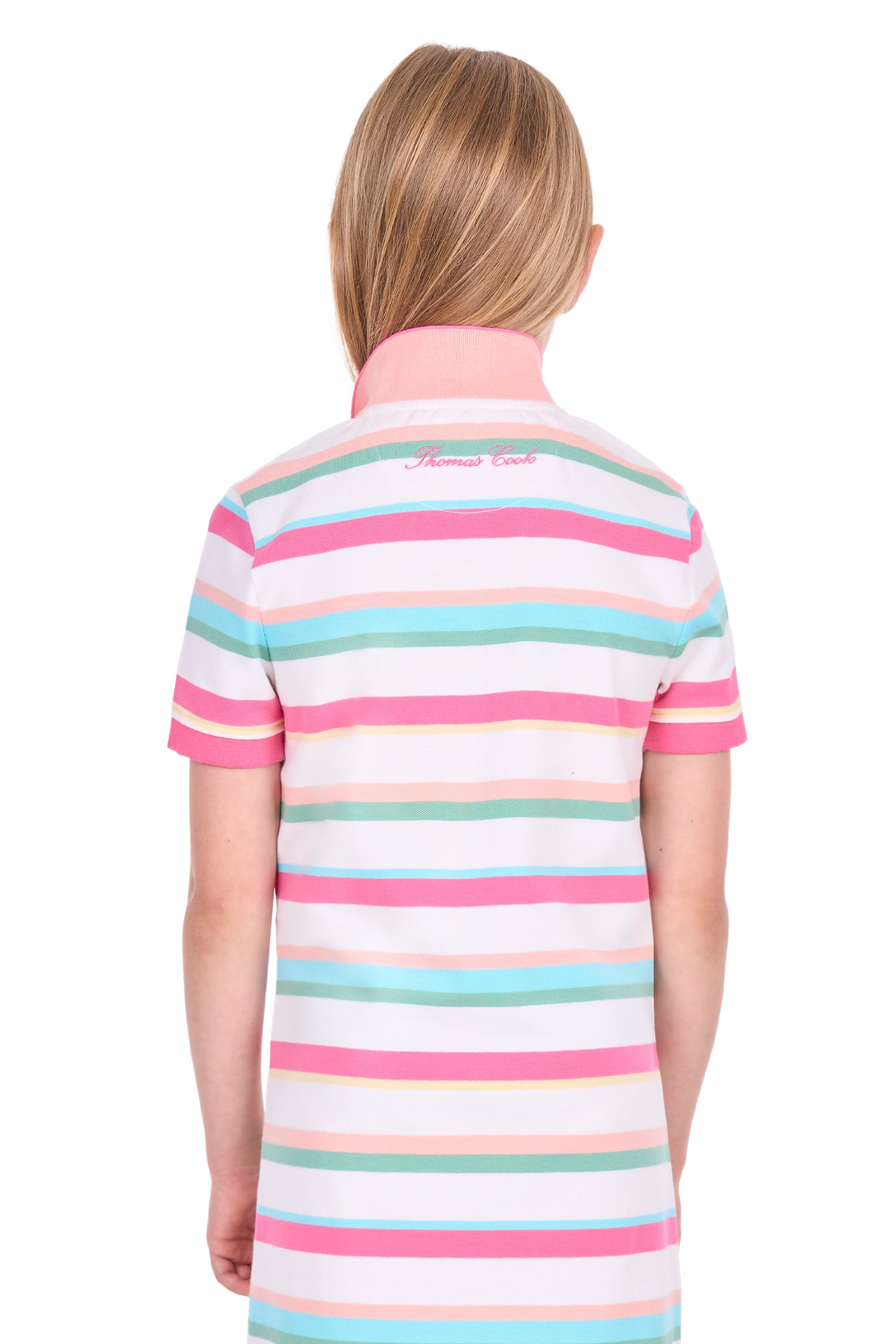 A child model shown from the back wearing a short-sleeve polo shirt with horizontal pastel stripes in pink, mint green, peach, and white. The shirt has a solid pink collar, and a small script logo is printed on the upper back.