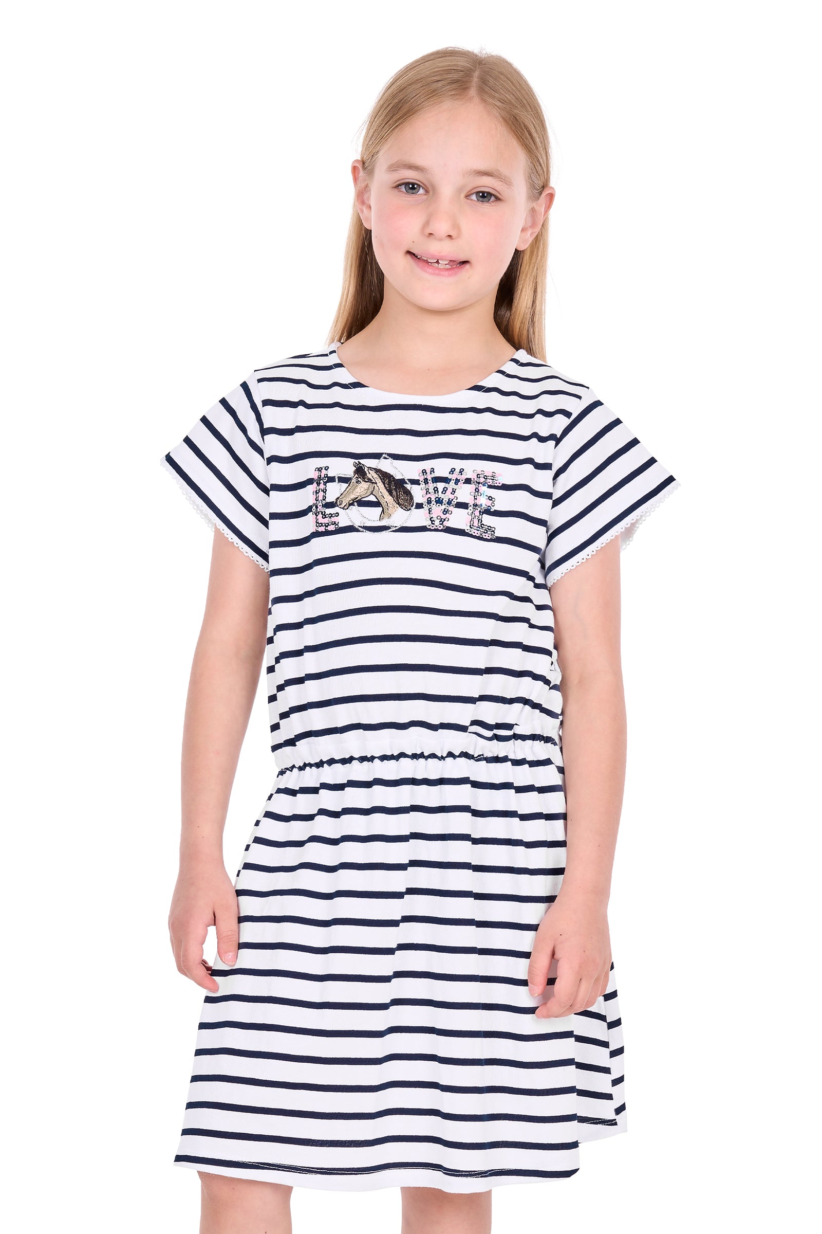 A young girl with blonde hair wearing a short-sleeve navy and white striped dress with a 'LOVE' graphic across the chest, standing against a plain white background.