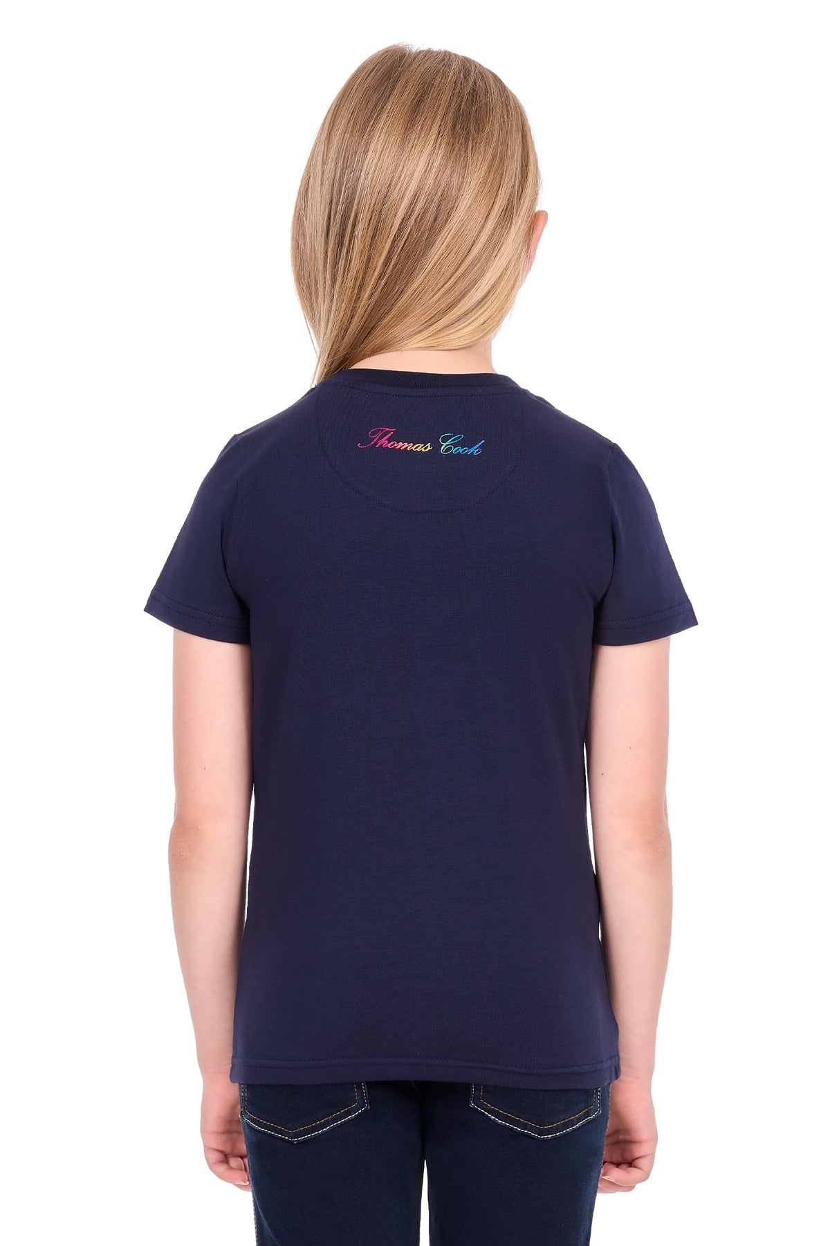 A child model shown from the back wearing a navy blue short-sleeve t-shirt with a small multicolor embroidered 'Thomas Cook' logo on the upper back, paired with dark jeans against a plain white background.