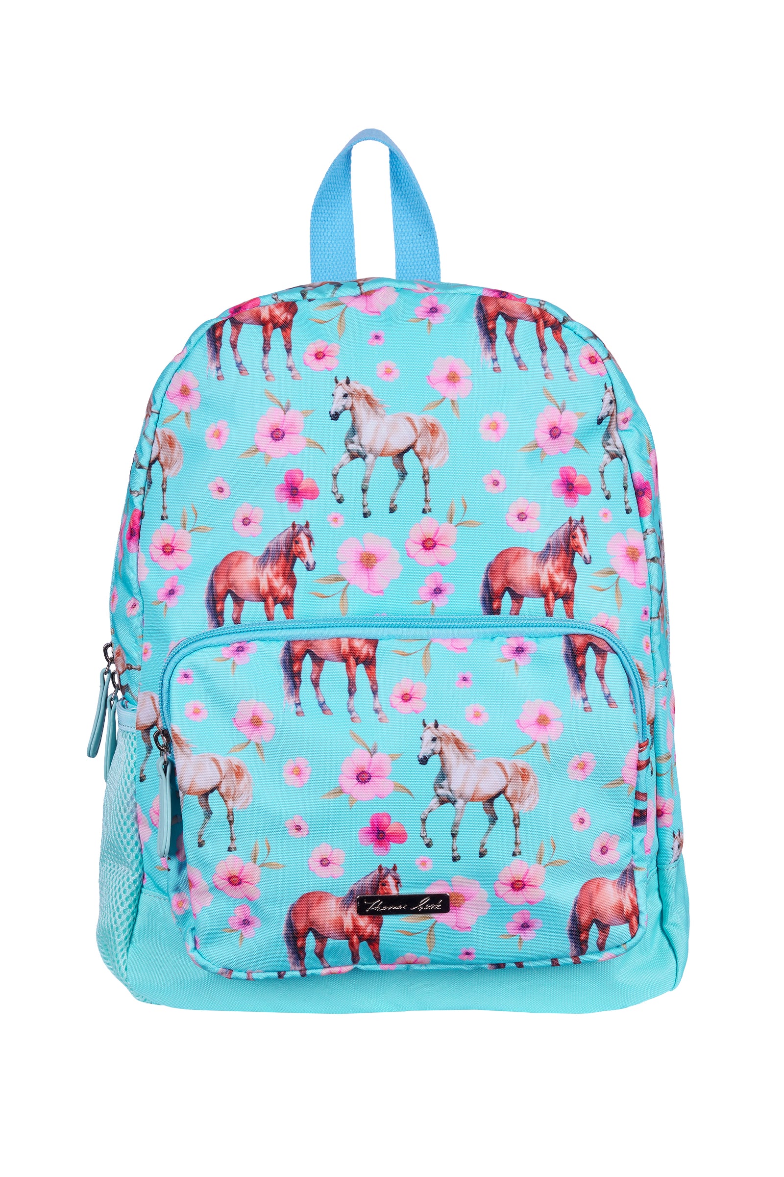 A light blue backpack featuring an all-over print of pink flowers and watercolor horses in brown, gray, and red, shown against a plain white background.