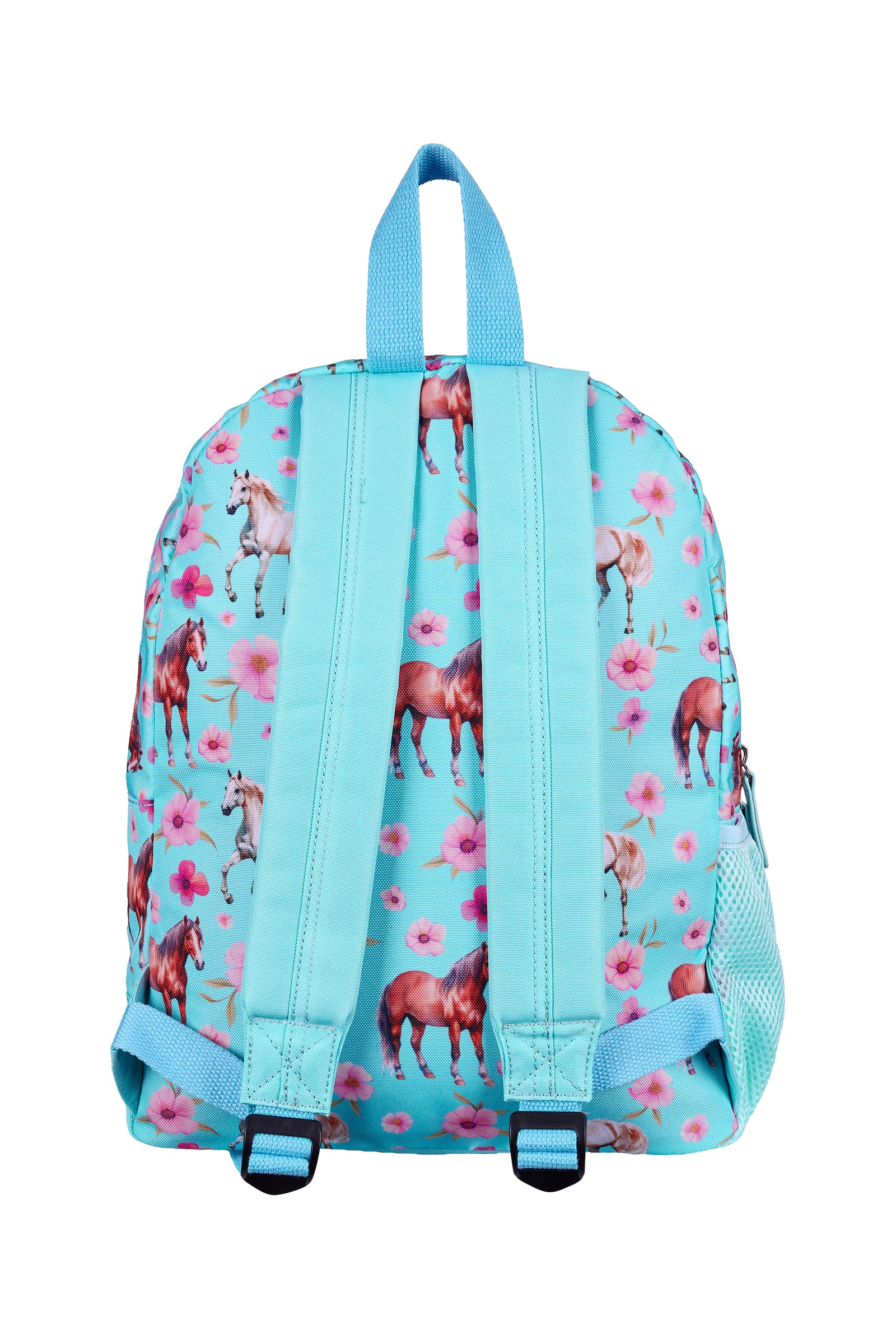 A light blue backpack featuring an all-over print of brown horses and pink flowers, shown from the back against a plain white background.