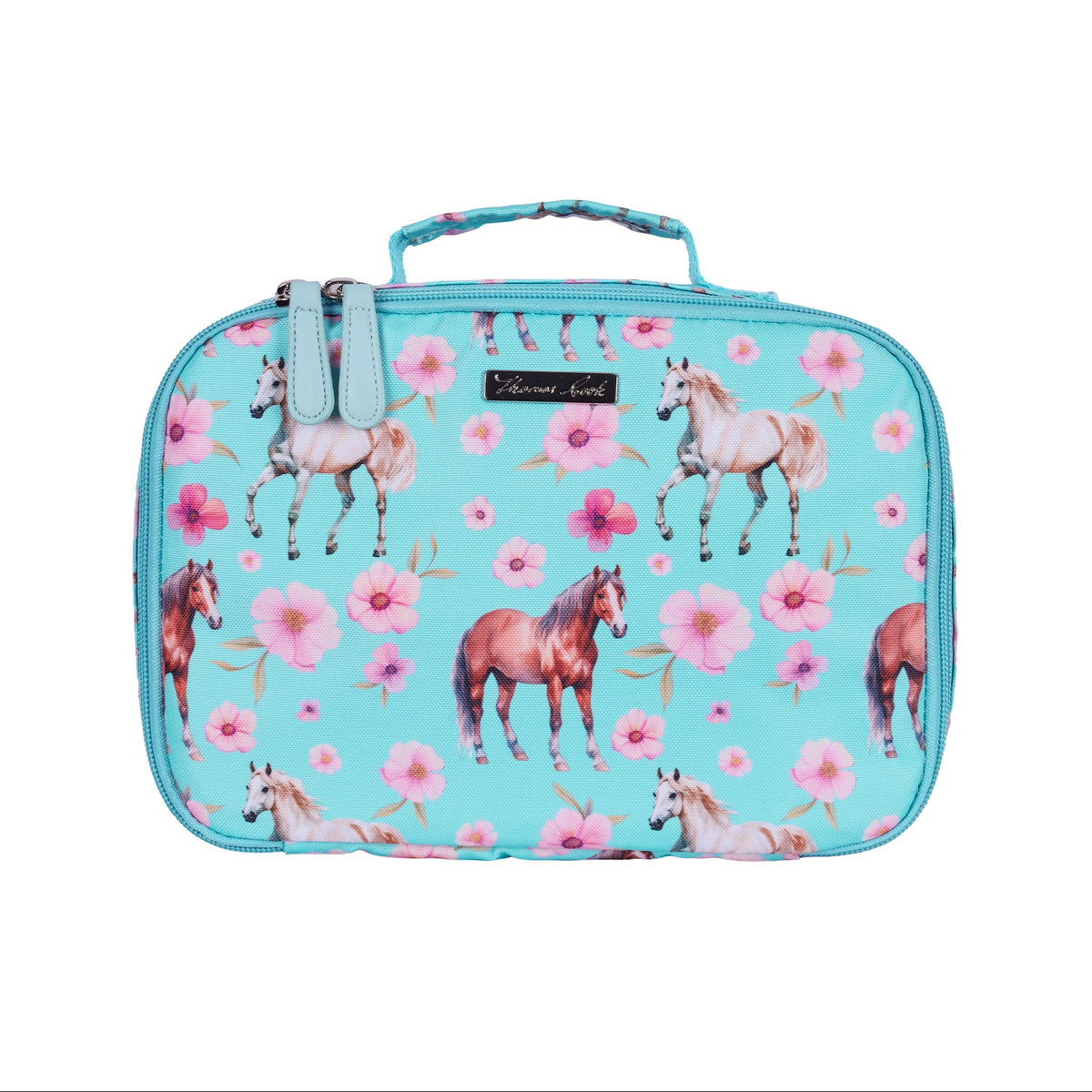A turquoise blue zippered lunch bag with a top handle, featuring an all-over print of horses and pink flowers. A small black brand label reading 'Pupcake Party' is visible on the front.