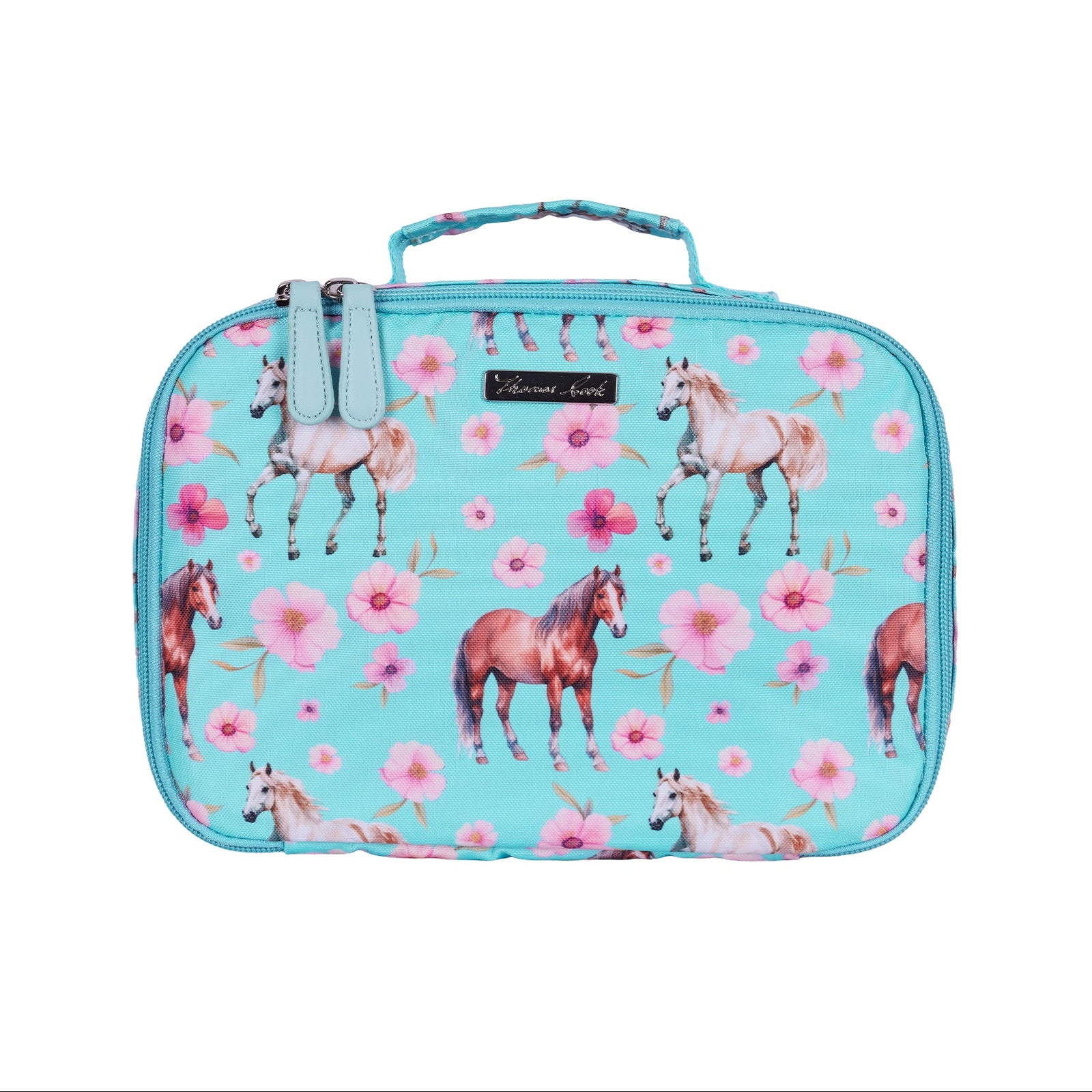 A turquoise blue zippered lunch bag with a top handle, featuring an all-over print of horses and pink flowers. A small black brand label reading 'Pupcake Party' is visible on the front.