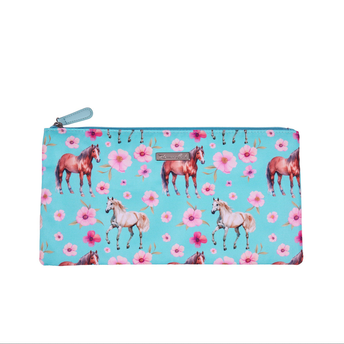A rectangular zippered pouch with a light blue background, featuring a repeating pattern of pink flowers and brown and white horses, with a small silver metal brand plaque on the front.