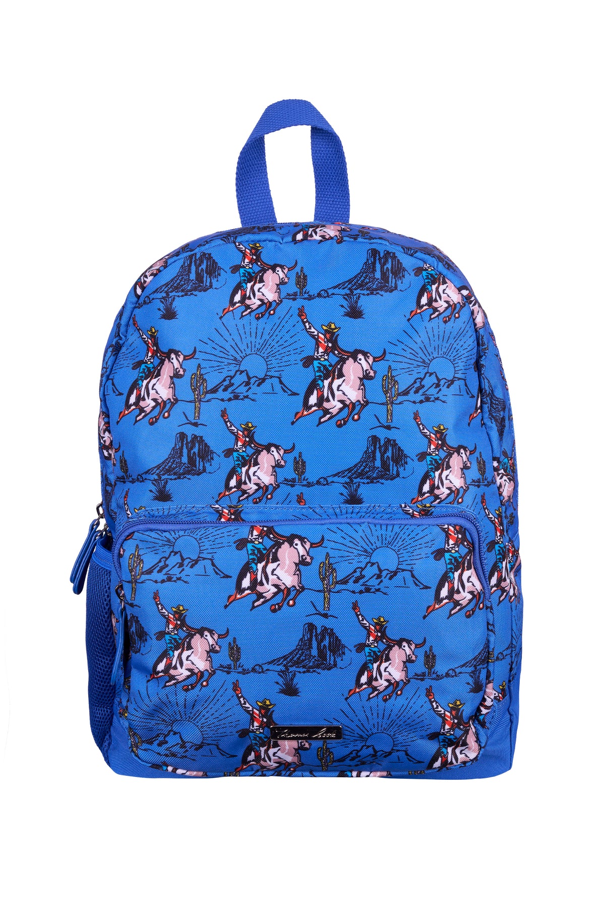 A blue backpack featuring an all-over western-themed print of cowboy riders on bucking horses, cacti, and mountains, shown against a plain white background.