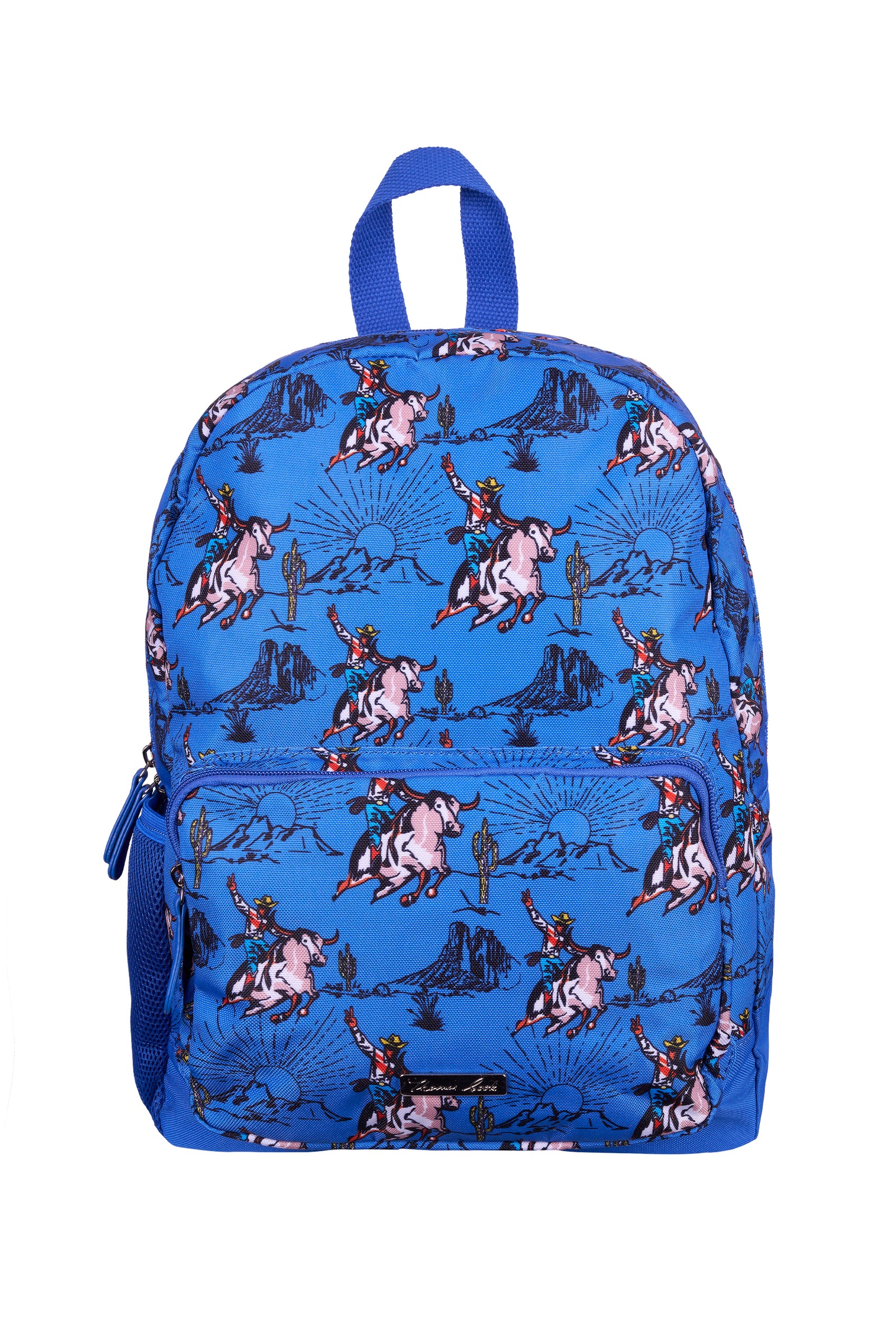 A blue backpack featuring an all-over western-themed print of cowboy riders on bucking horses, cacti, and mountains, shown against a plain white background.